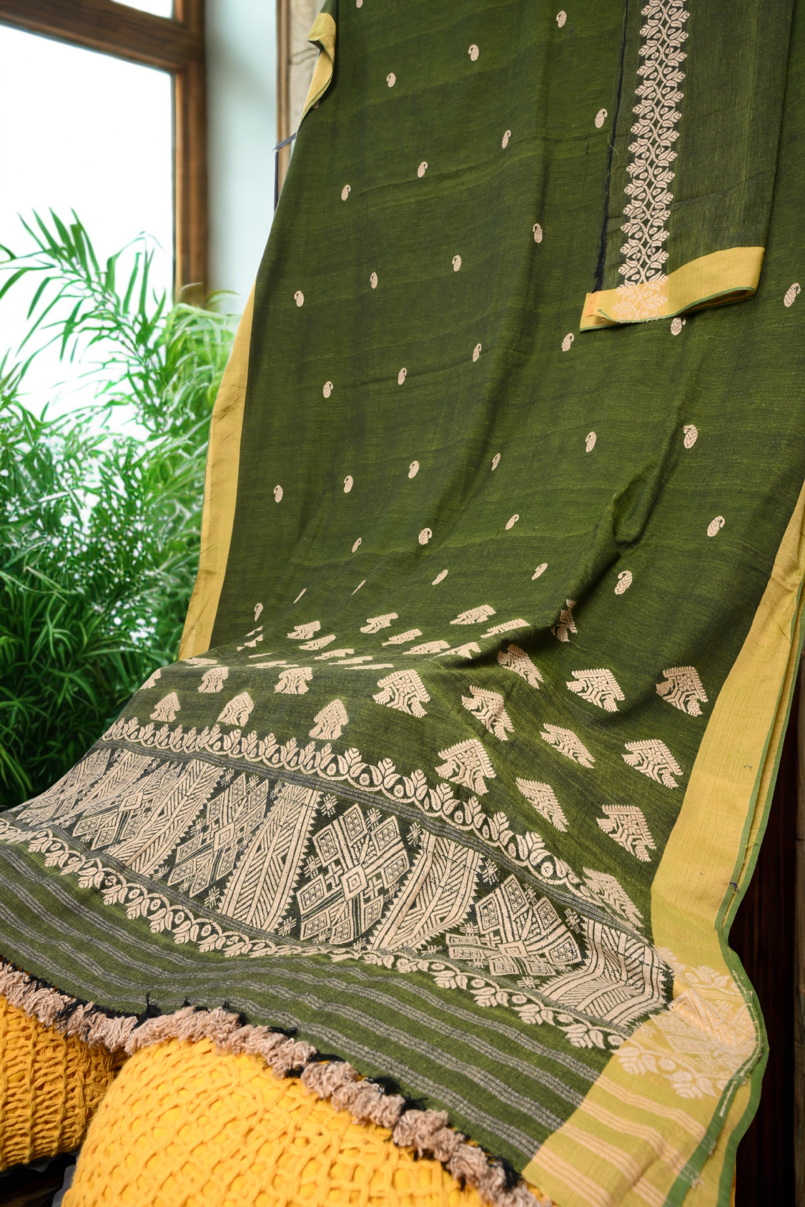 Deep Olive Green Assamese Eri Silk Saree with White Eri Motifs