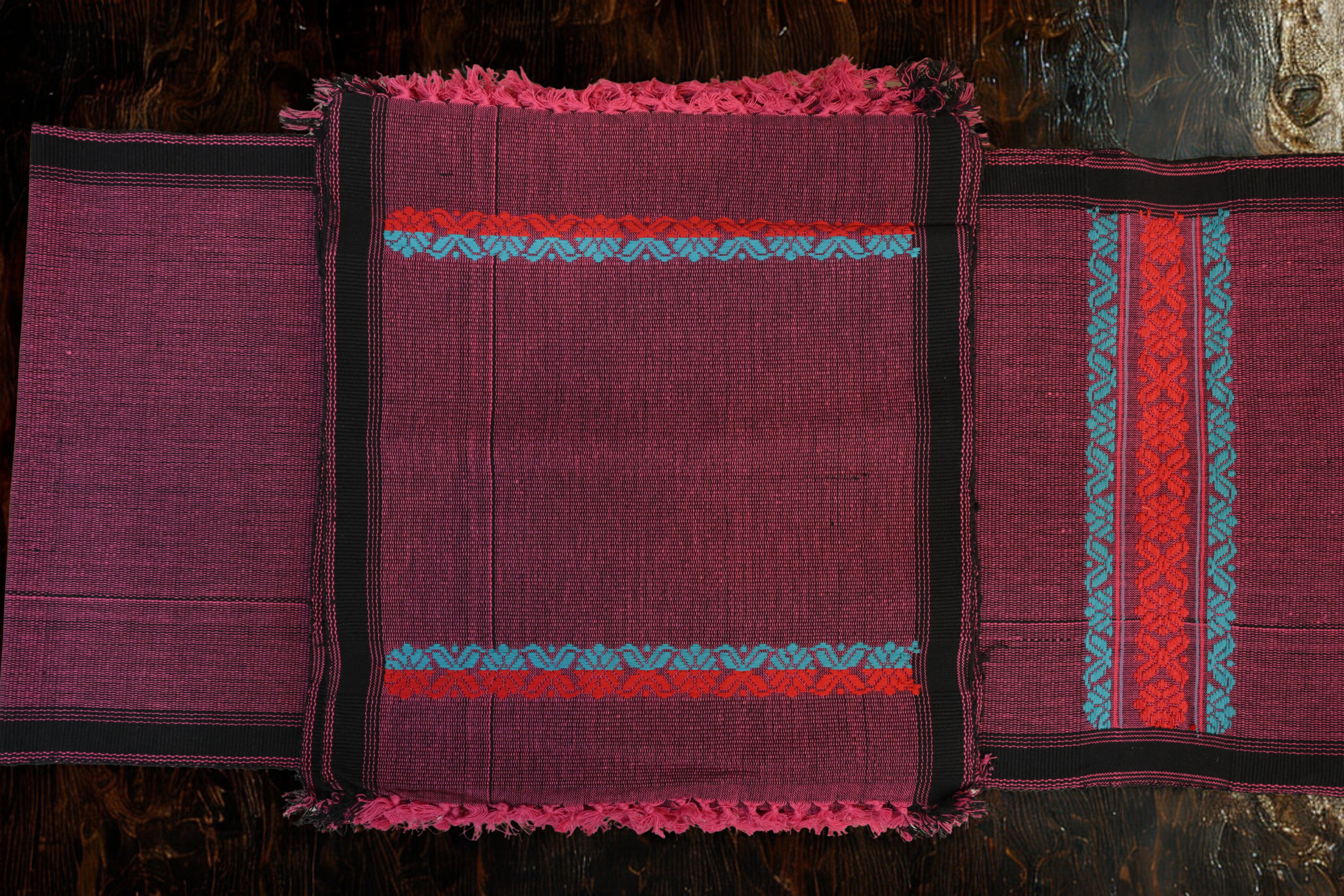 Handwoven Assamese Table Runner Set – Deep Magenta with Red & Teal Motifs with 6 mats
