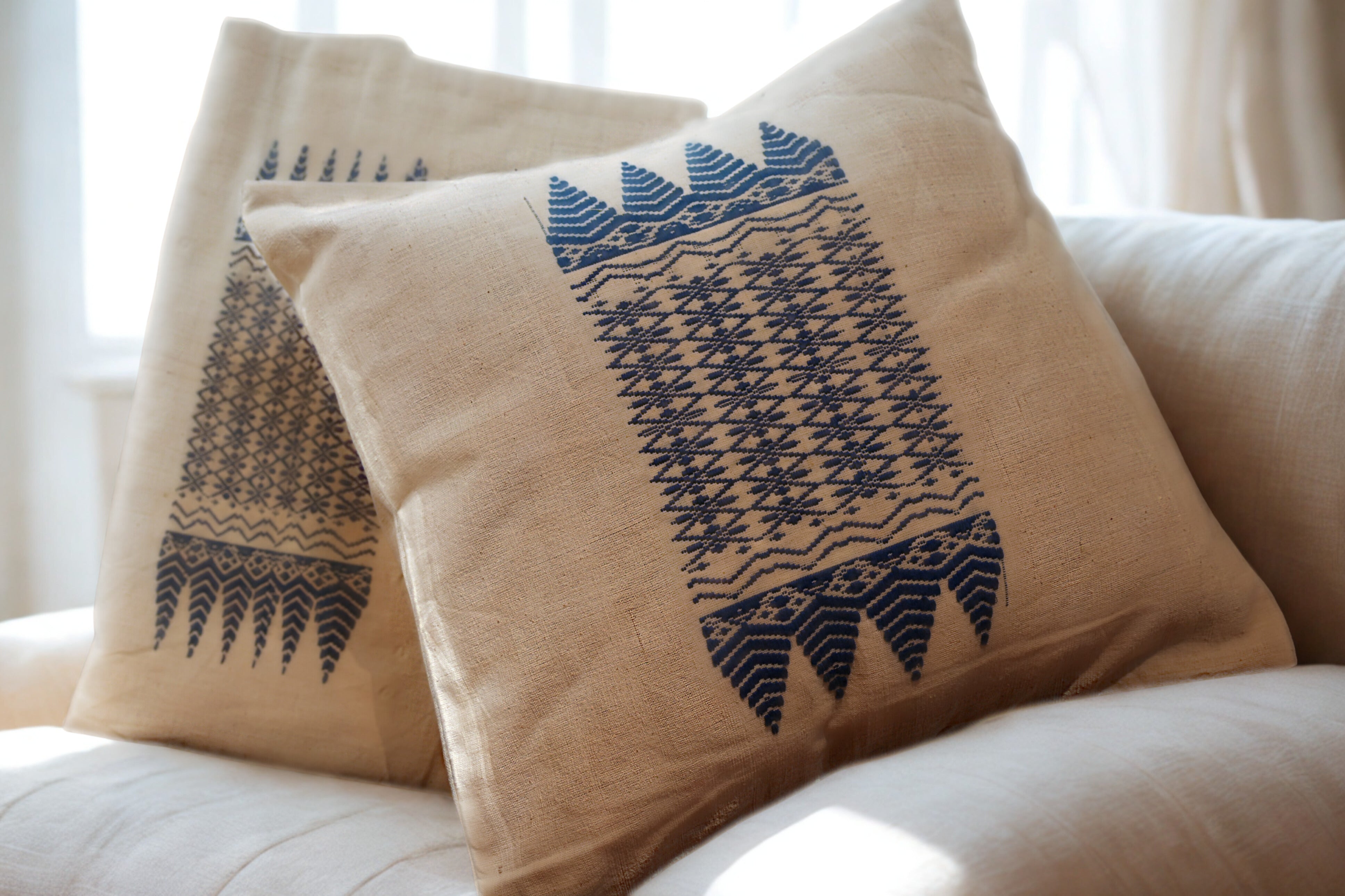 Handwoven Cotton Cushion Cover with Traditional Blue Motifs