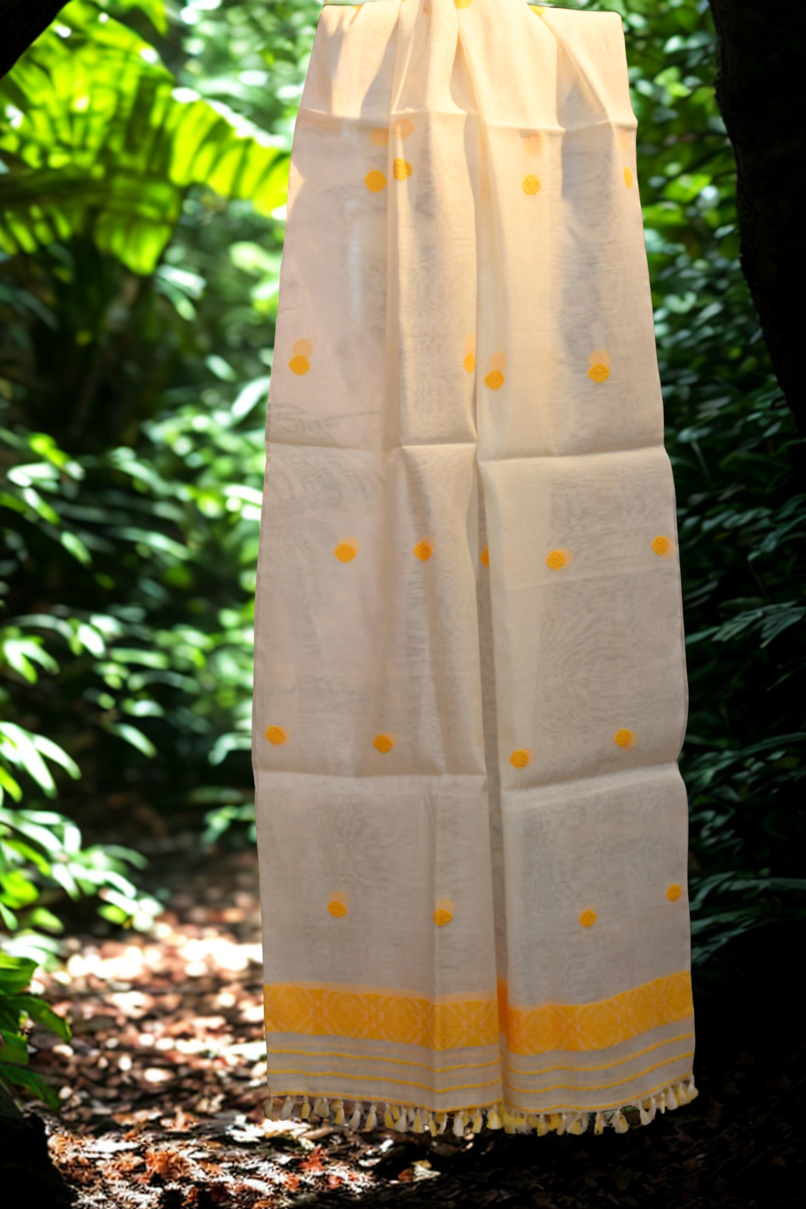 White Raw Mulberry Cotton Sador- with yellow motifs