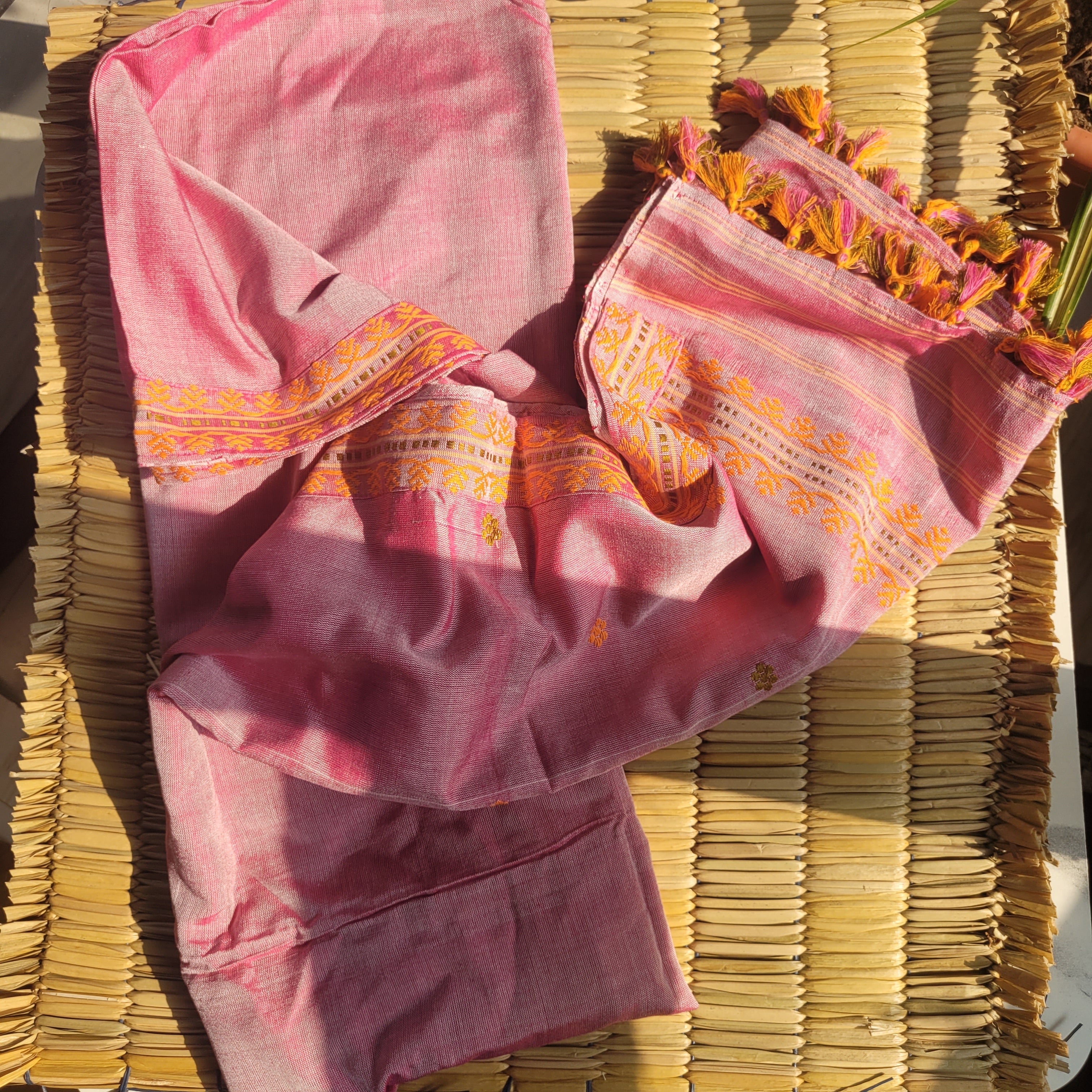 Handloom Cotton Single Sador in Blush Pink with Yellow Motifs | Assam Editions