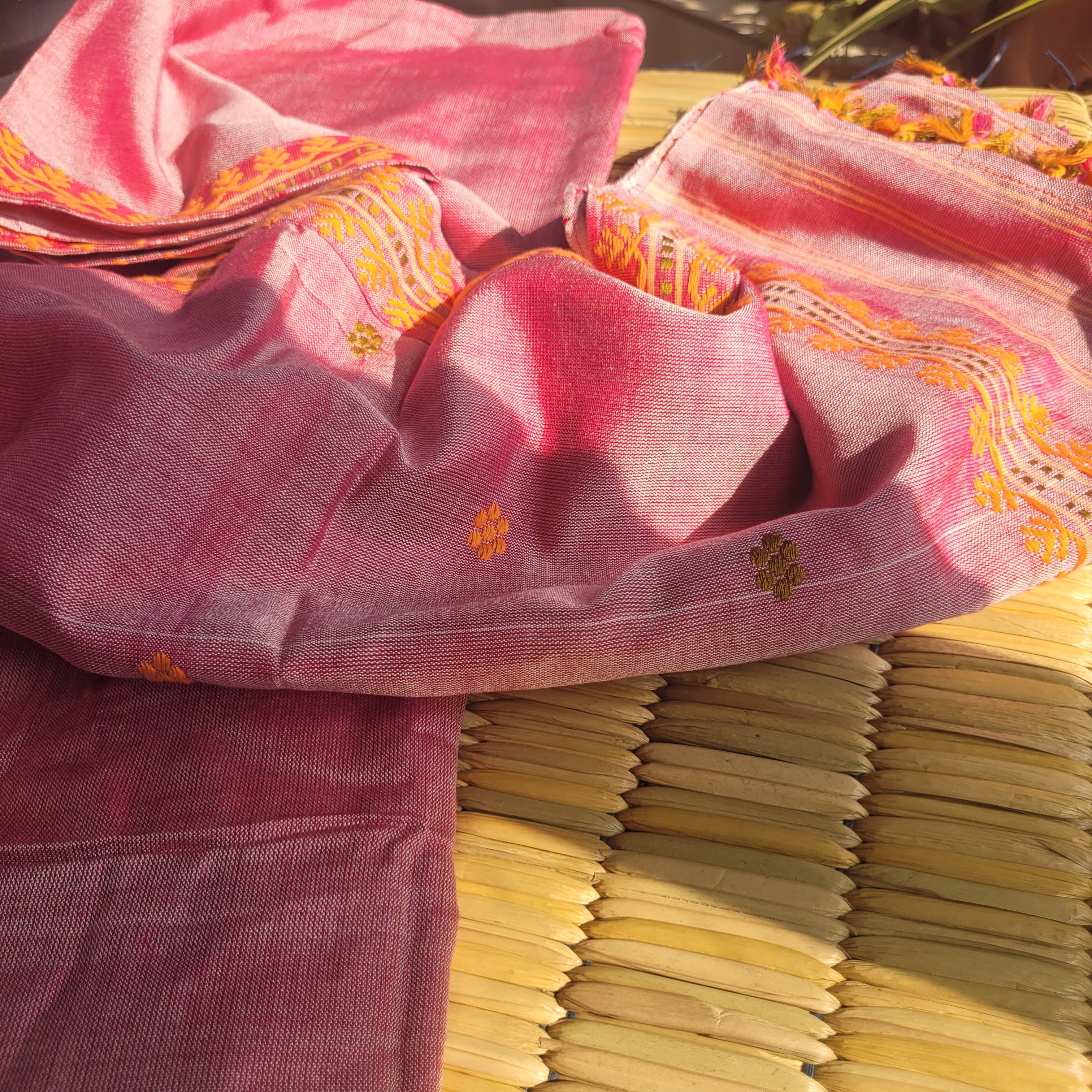 Handloom Cotton Single Sador in Blush Pink with Yellow Motifs | Assam Editions