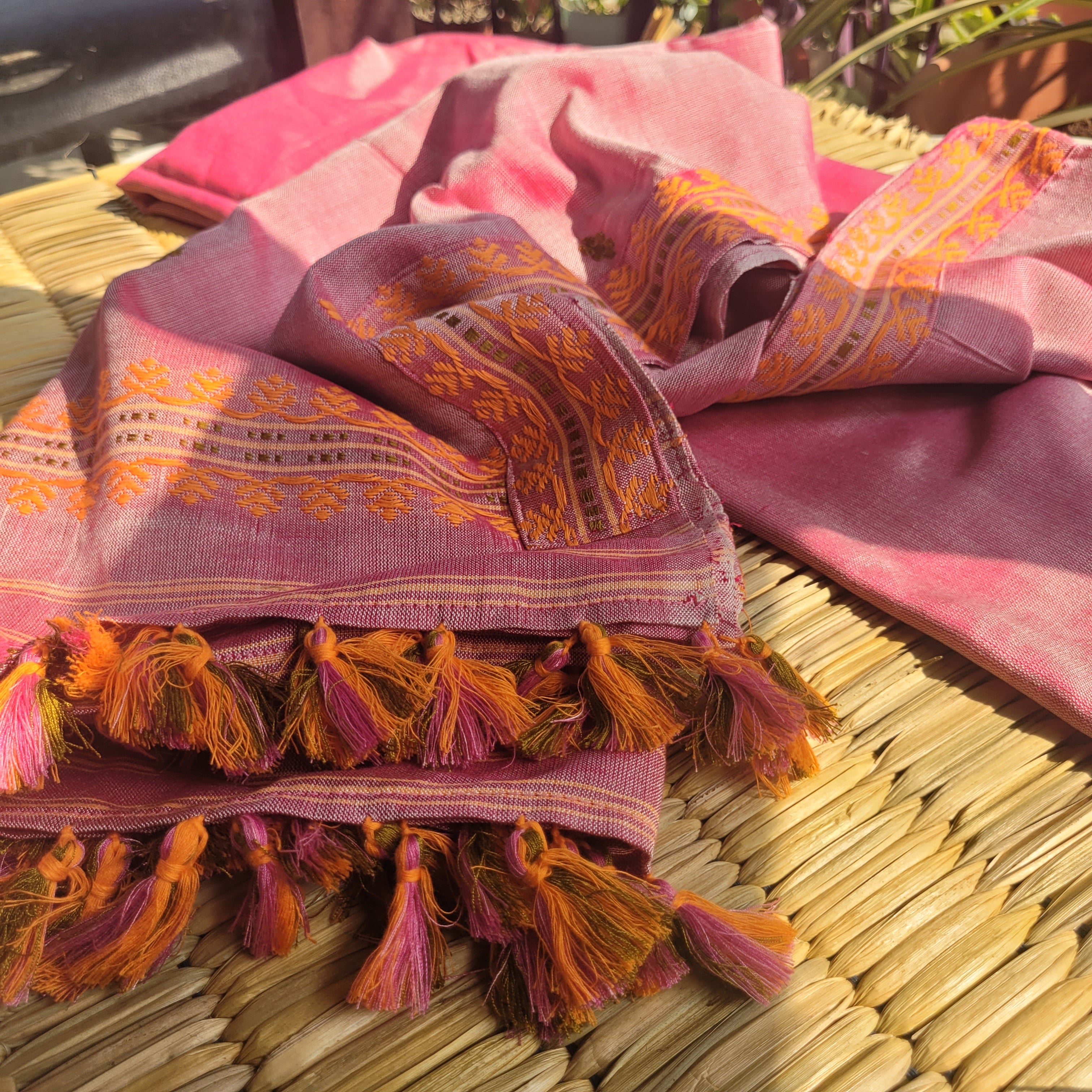 Handloom Cotton Single Sador in Blush Pink with Yellow Motifs | Assam Editions