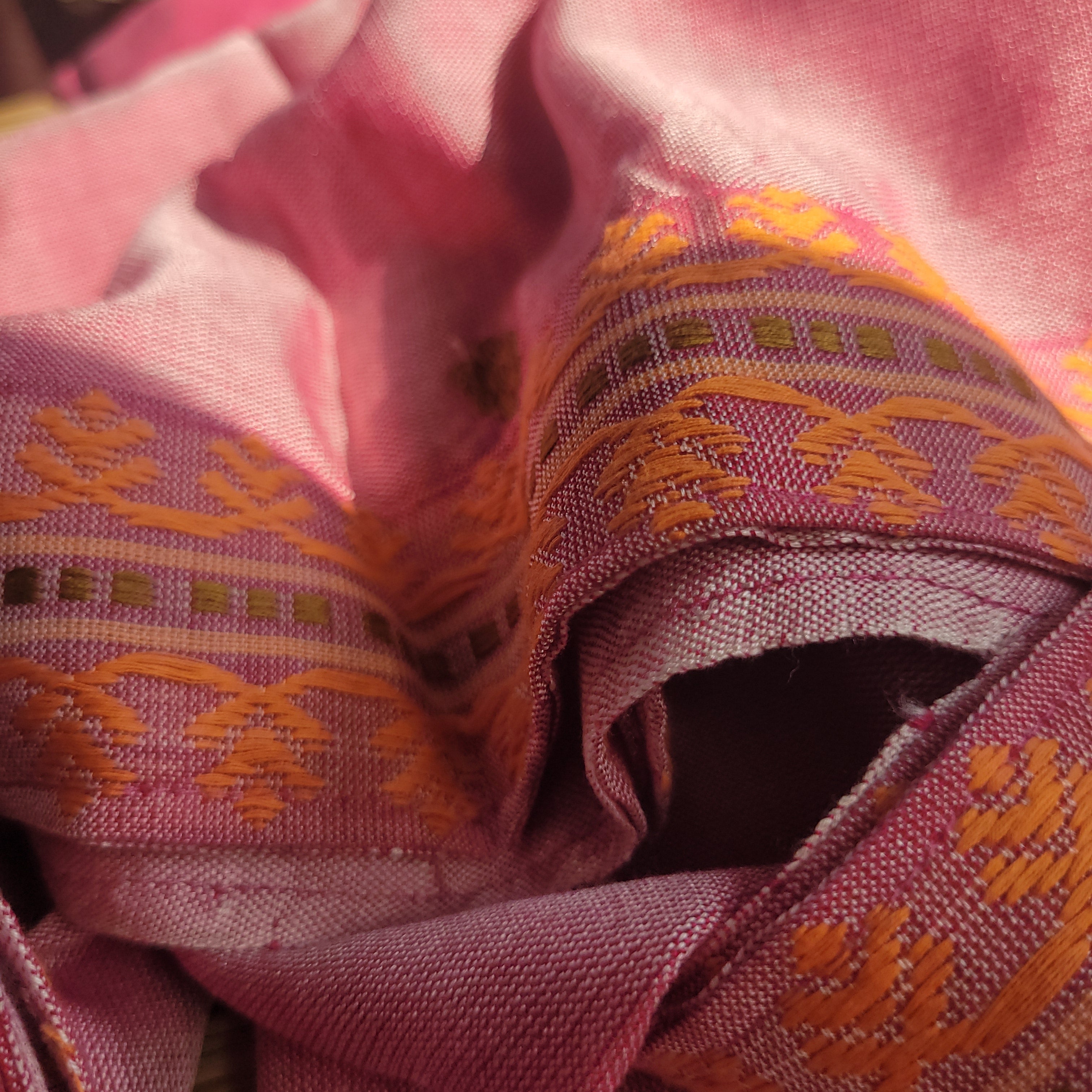 Handloom Cotton Single Sador in Blush Pink with Yellow Motifs | Assam Editions