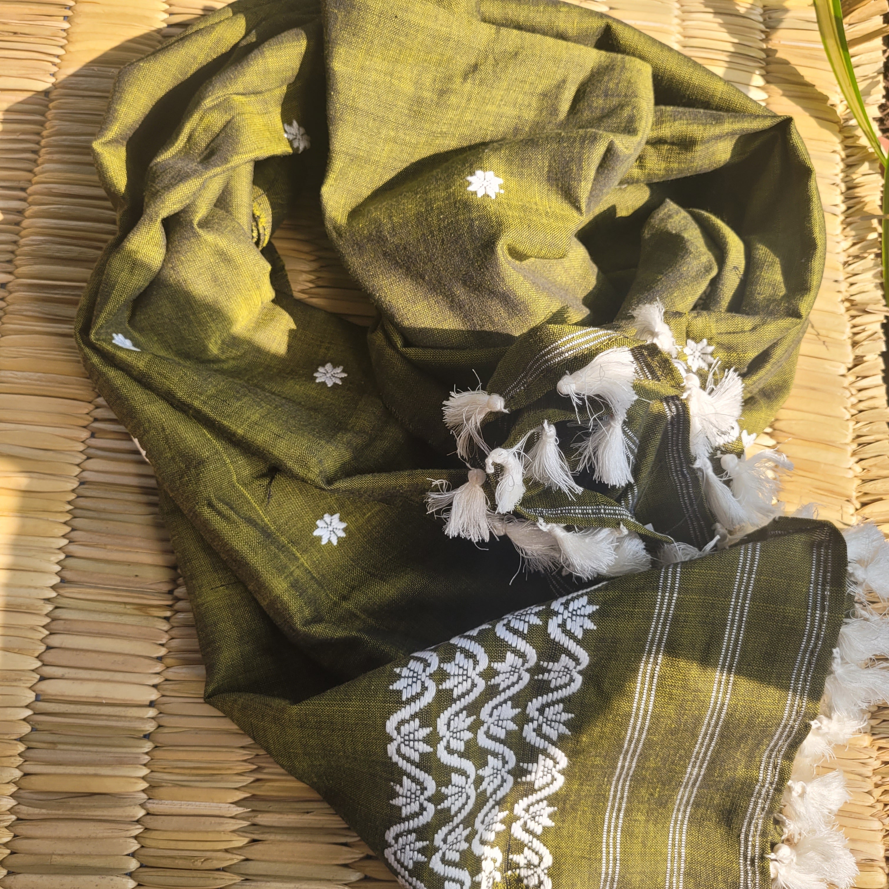 Handloom Cotton Single Sador in Olive Green with White Motifs | Assam Editions