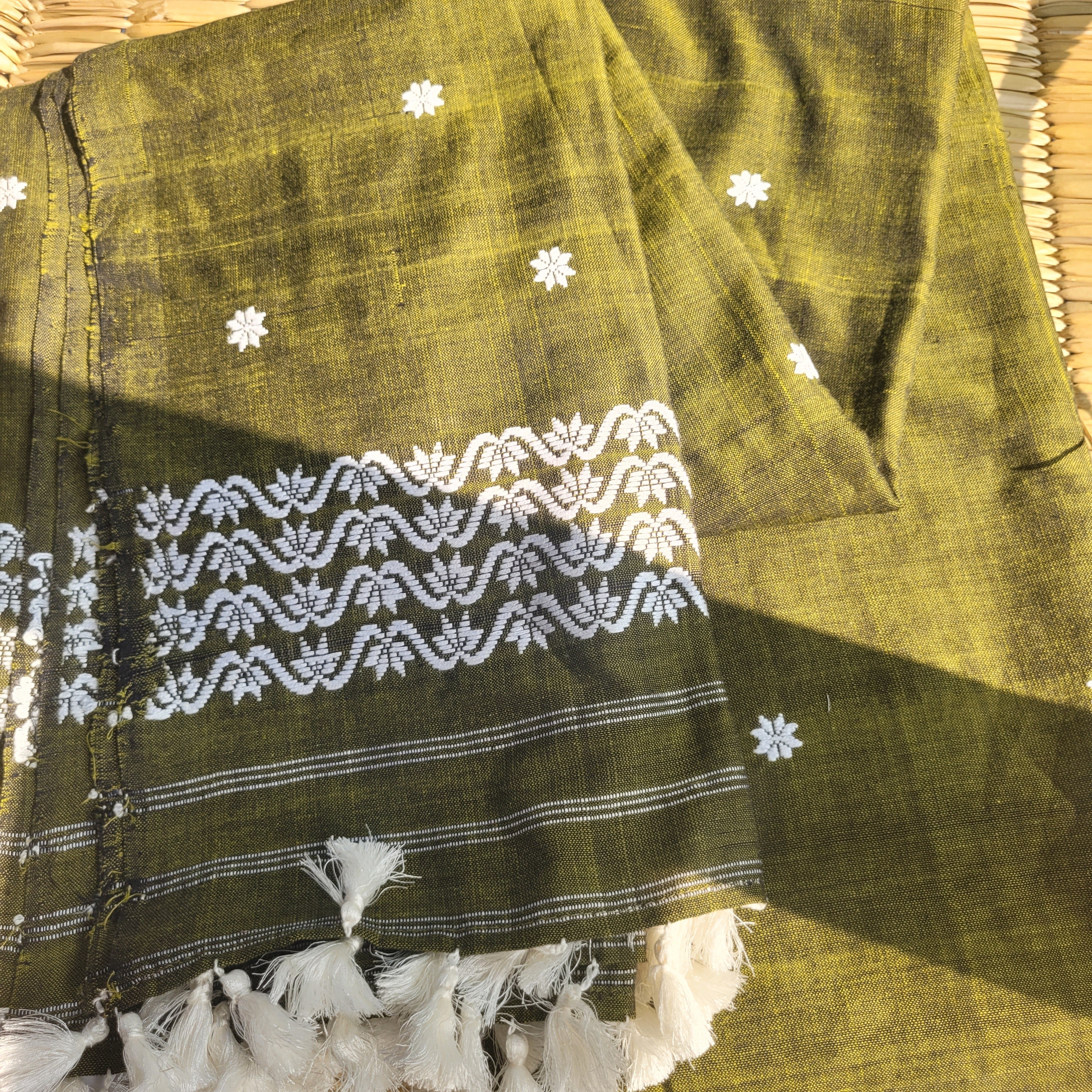 Handloom Cotton Single Sador in Olive Green with White Motifs | Assam Editions