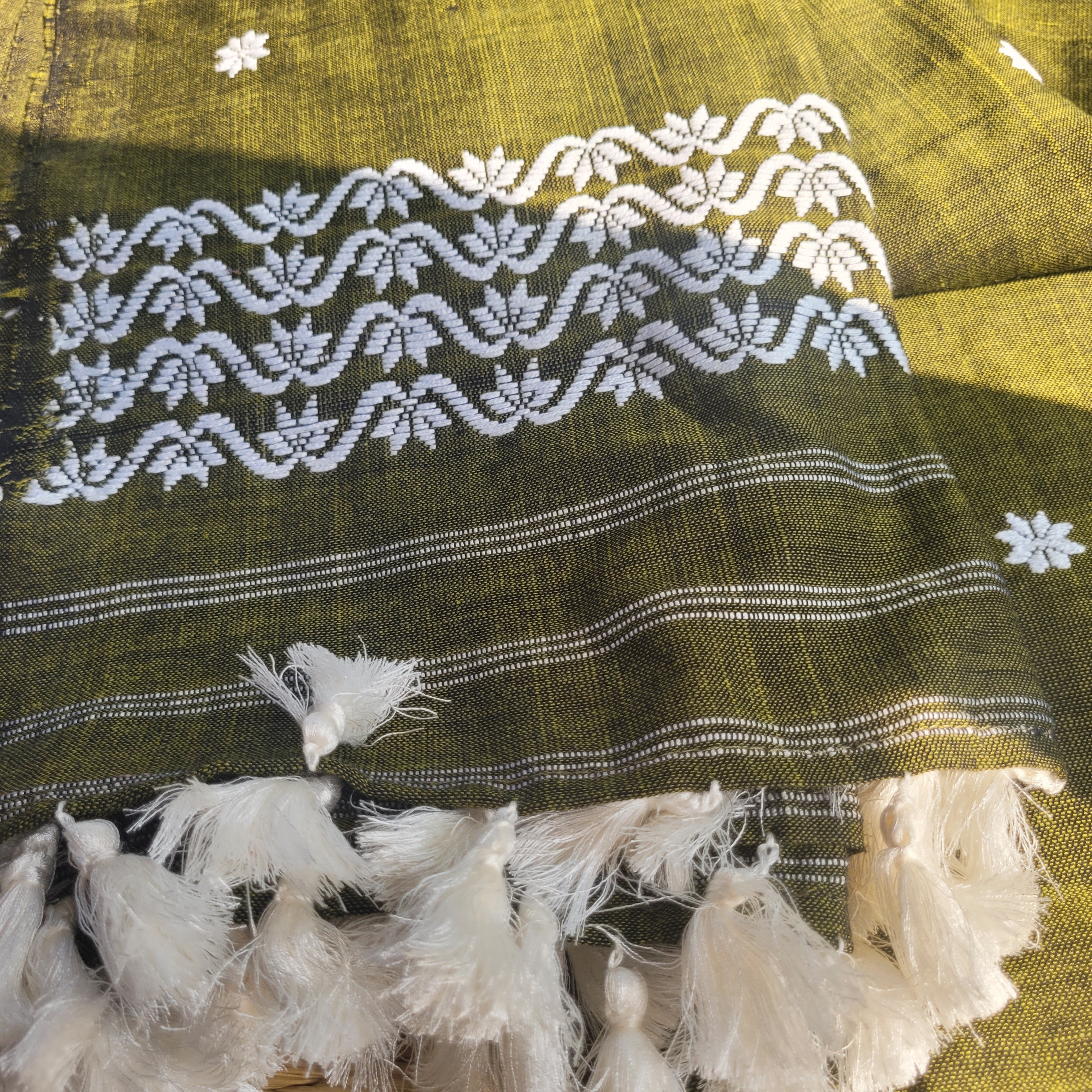 Handloom Cotton Single Sador in Olive Green with White Motifs | Assam Editions