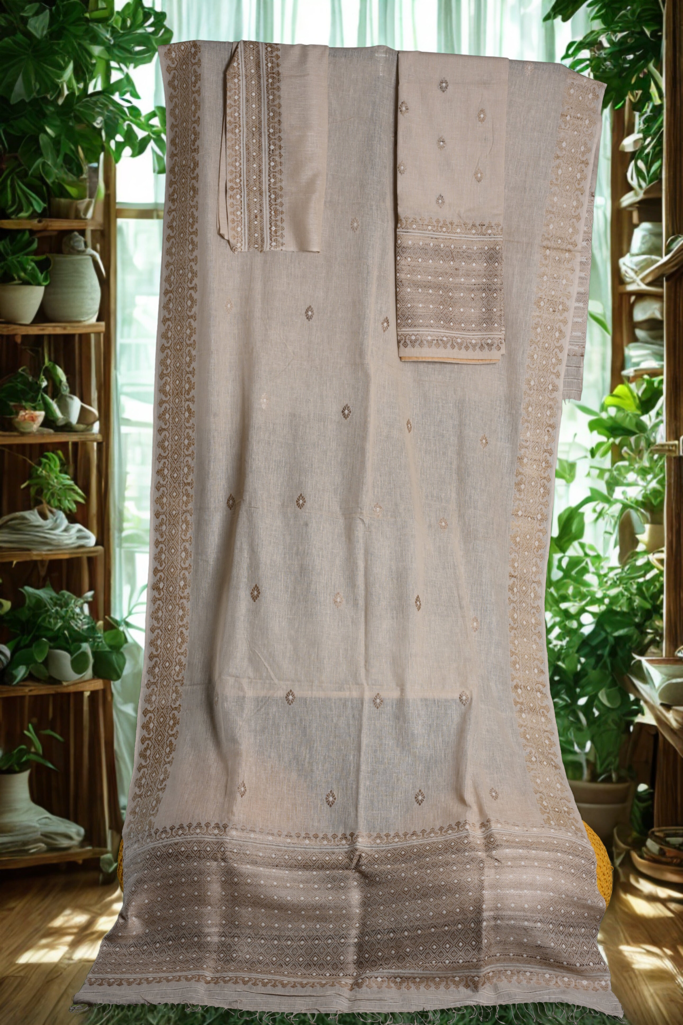 Beige (Natural colour) Assamese Eri Mekhela sador with Intricate Brown Woven Motifs