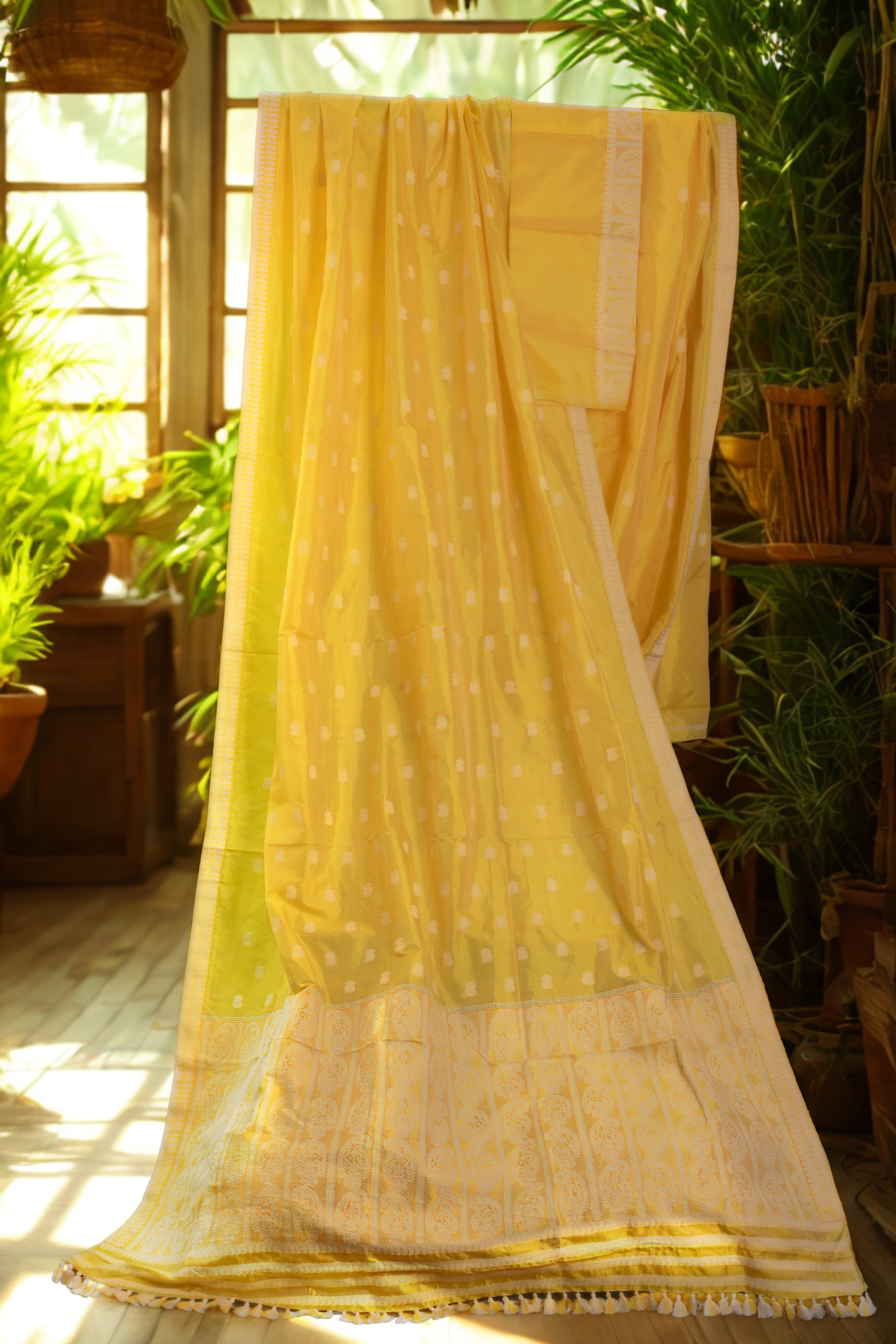 Yellow Assamese Pat Silk Saree – Pure Mulberry Silk with White Handloom Motifs