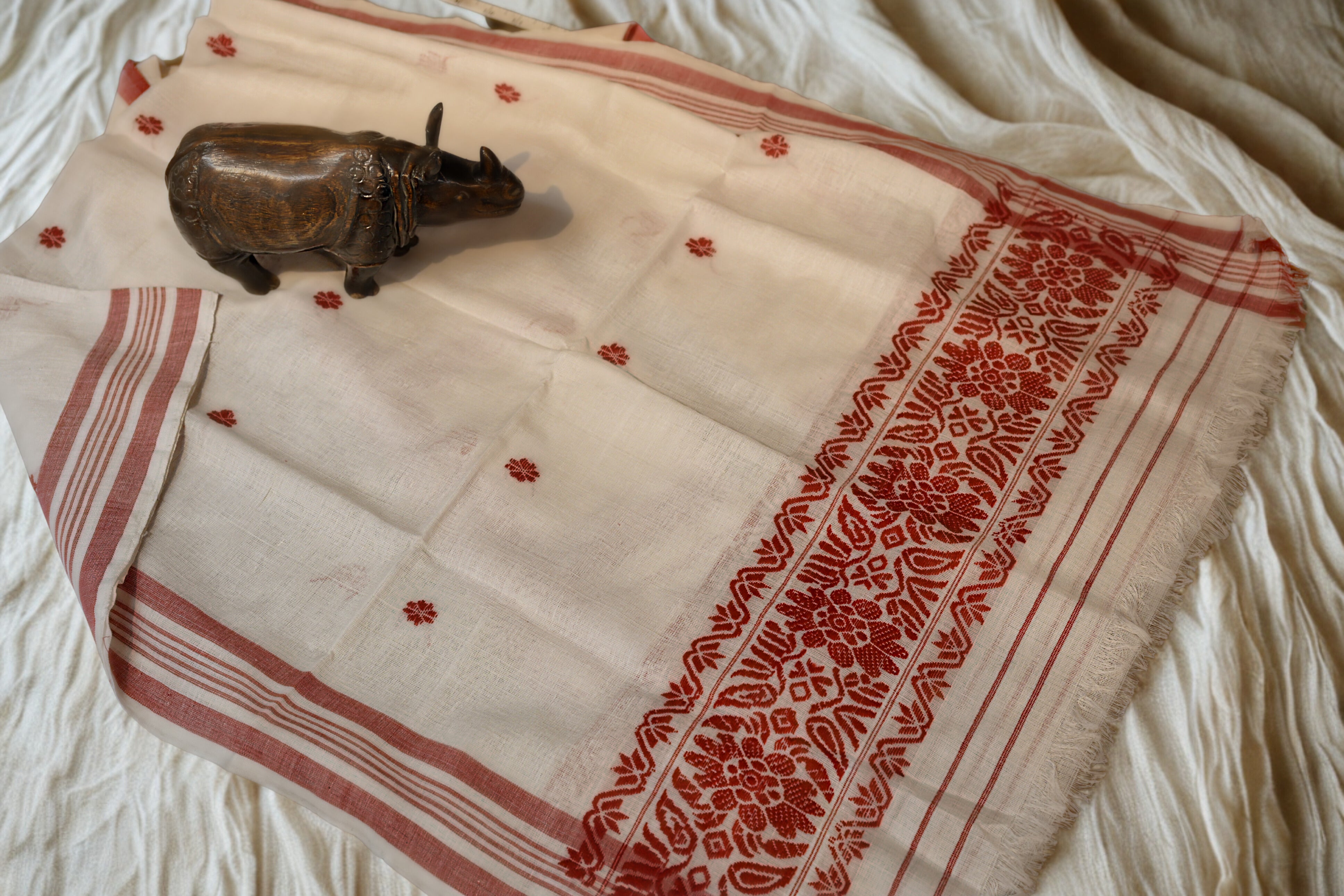 Traditional Handwoven Assamese Gamusa- with traditional floral motif