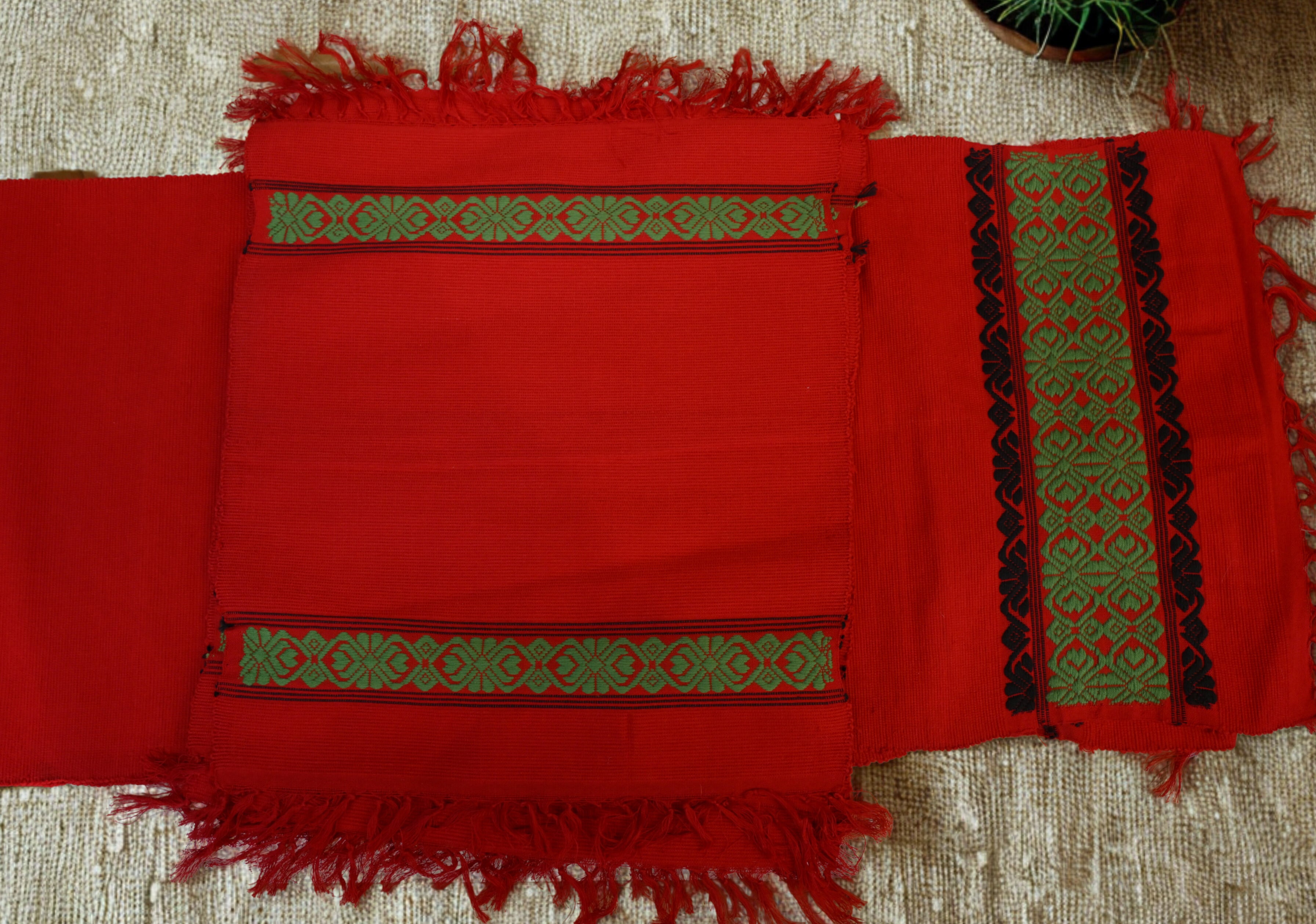 Handwoven Assamese Red Table Runner Set with 6 Mats -with Green and Black Motifs