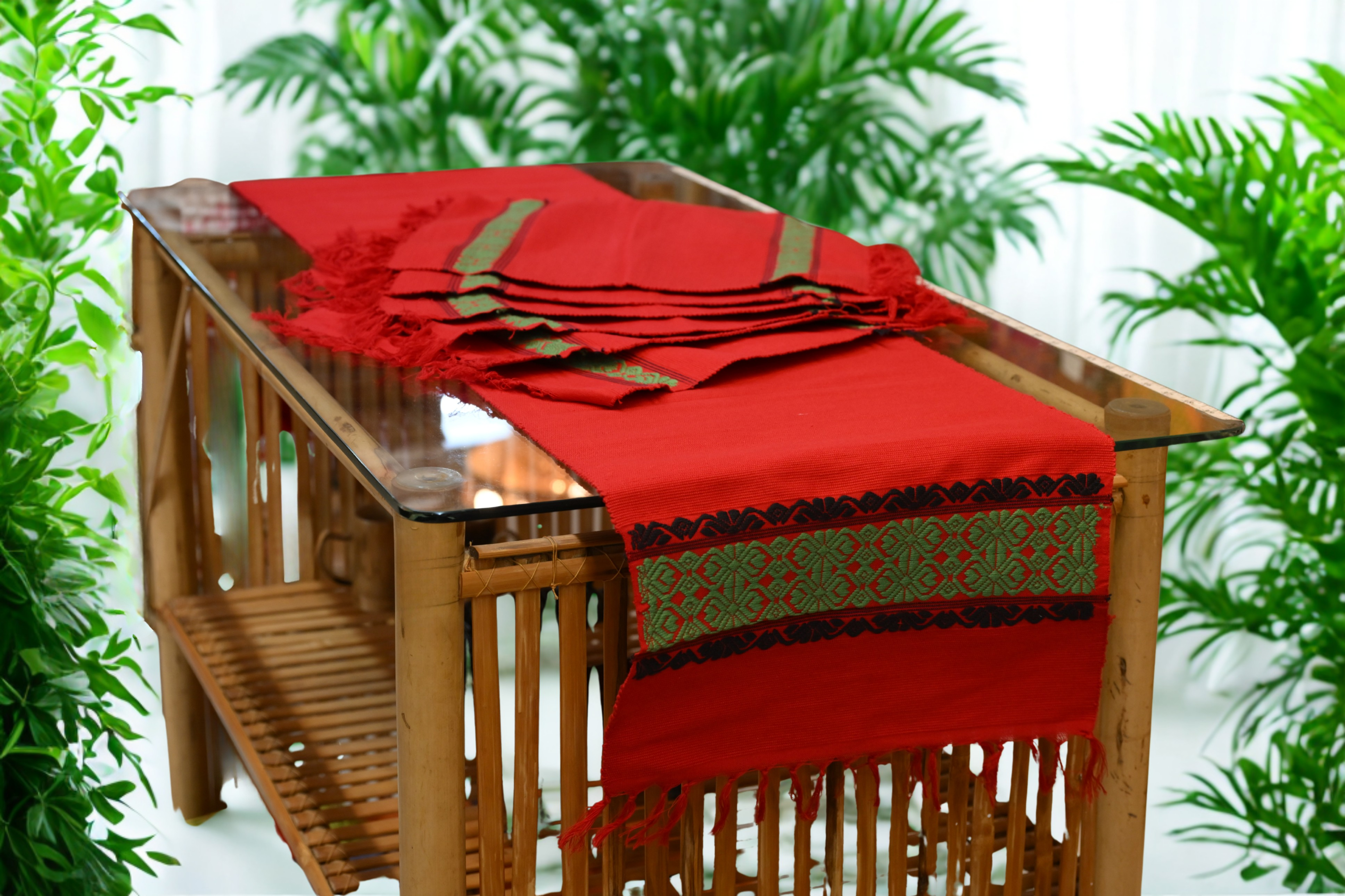 Handwoven Assamese Red Table Runner Set with 6 Mats -with Green and Black Motifs