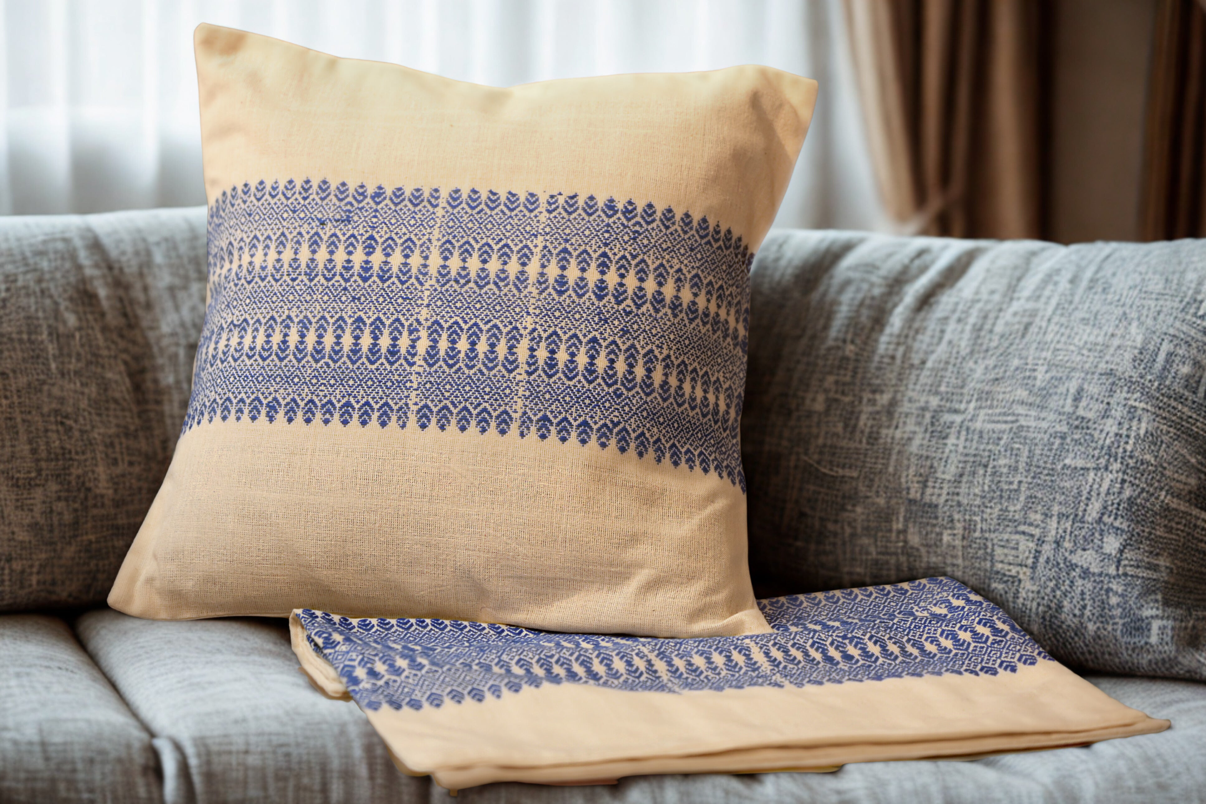 Handwoven Cotton Cushion Cover with Blue Terracotta Motifs