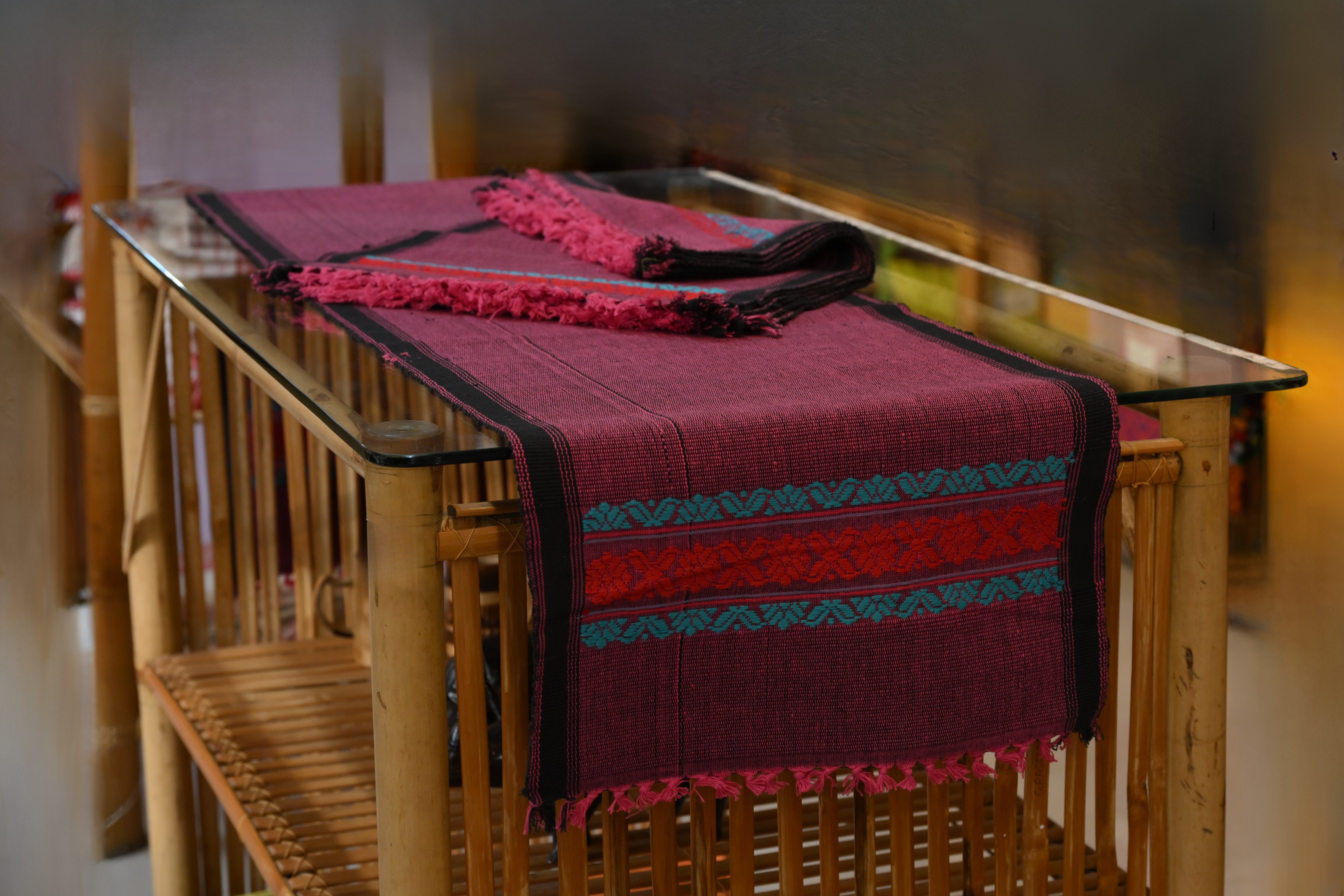 Handwoven Assamese Table Runner Set – Deep Magenta with Red & Teal Motifs with 6 mats