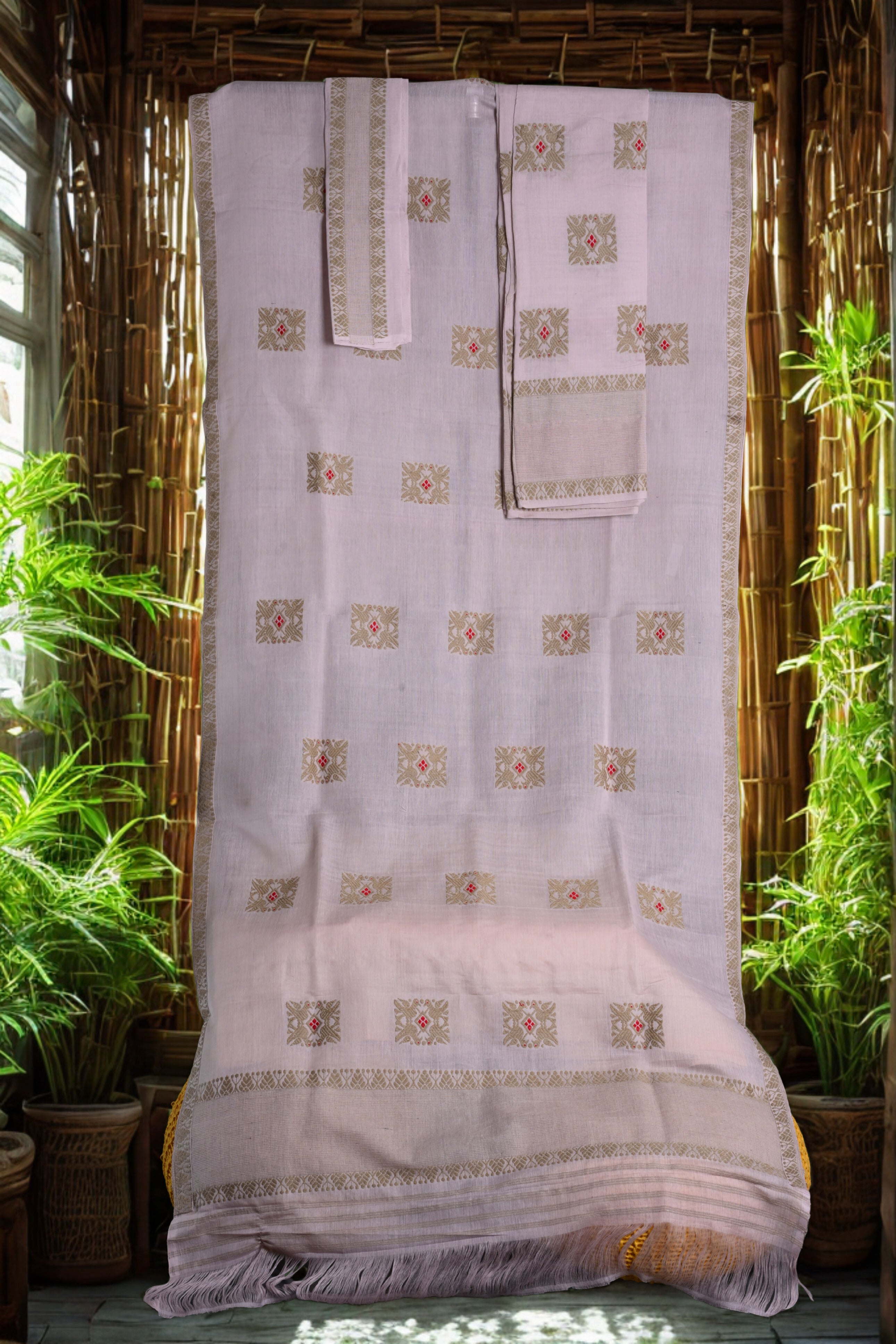 Soft Pink Assamese Eri Silk Saree with Geometric Motifs