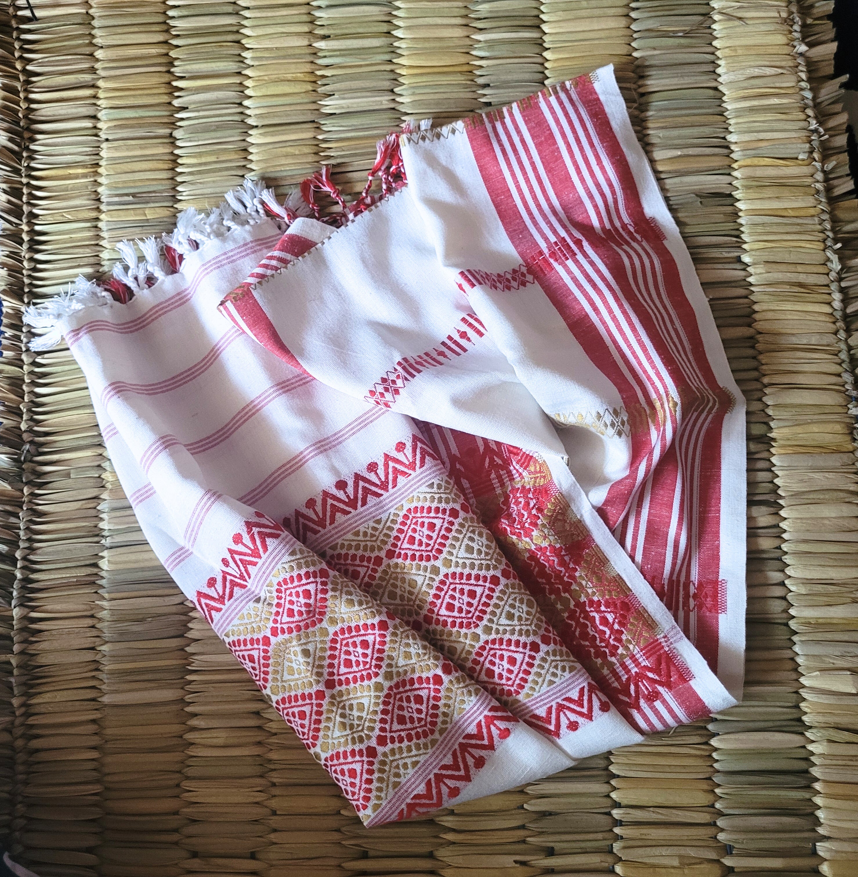 Assamese Eri Gamusa in Red & Natural Gold Motifs | Handwoven Heritage of Assam