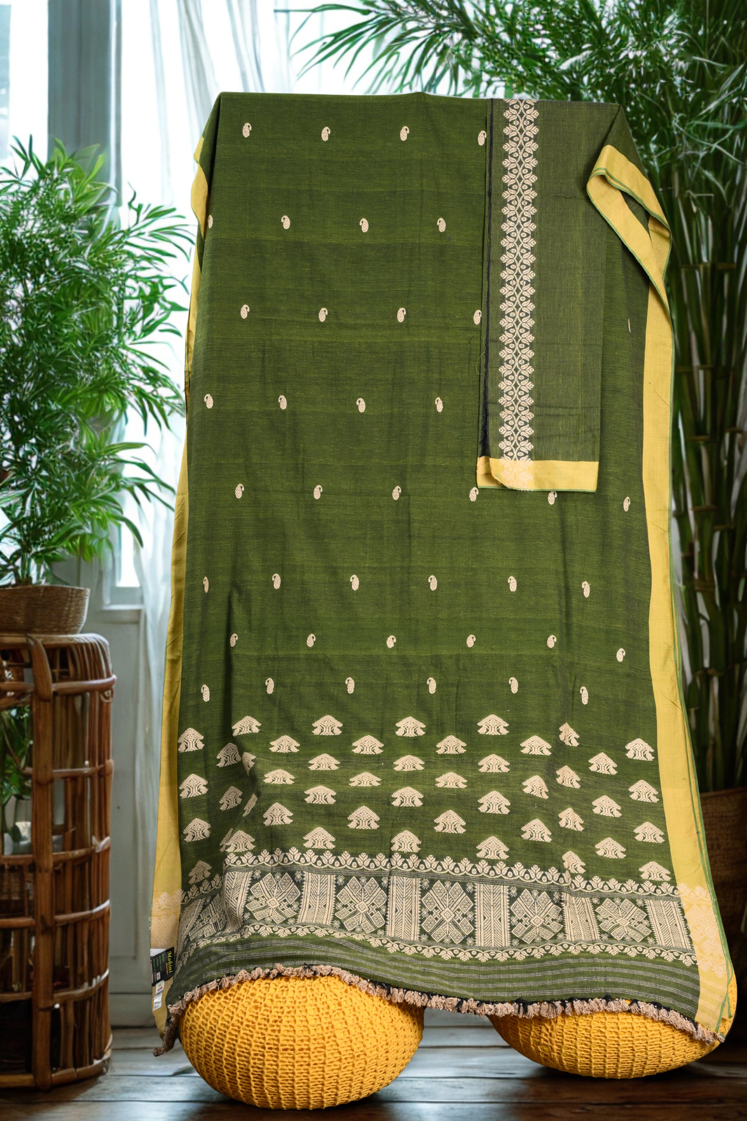 Deep Olive Green Assamese Eri Silk Saree with White Eri Motifs
