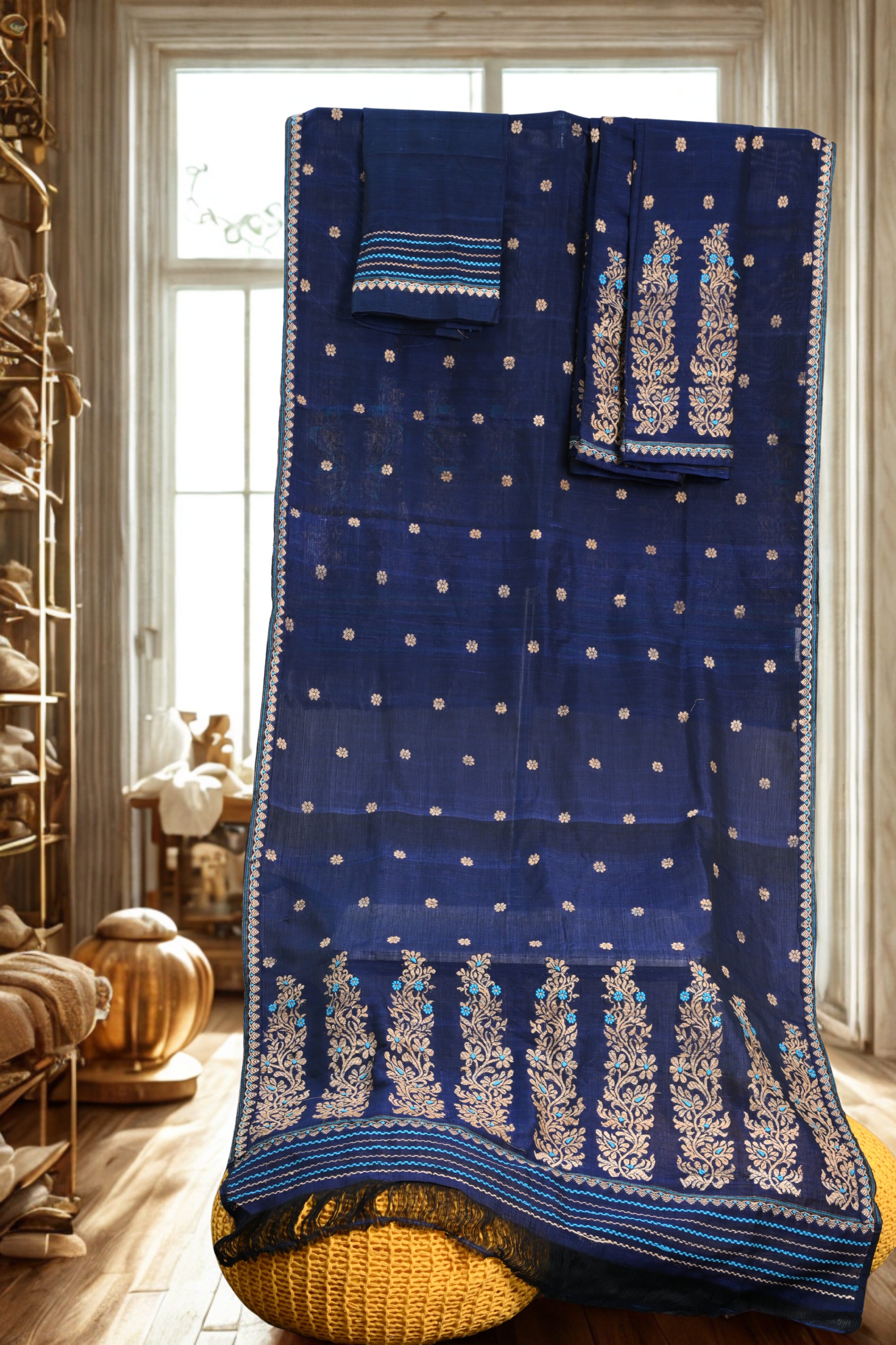 Navy Blue Raw Cotton Mekhela Sador with Muga Ghecha Thread Motifs