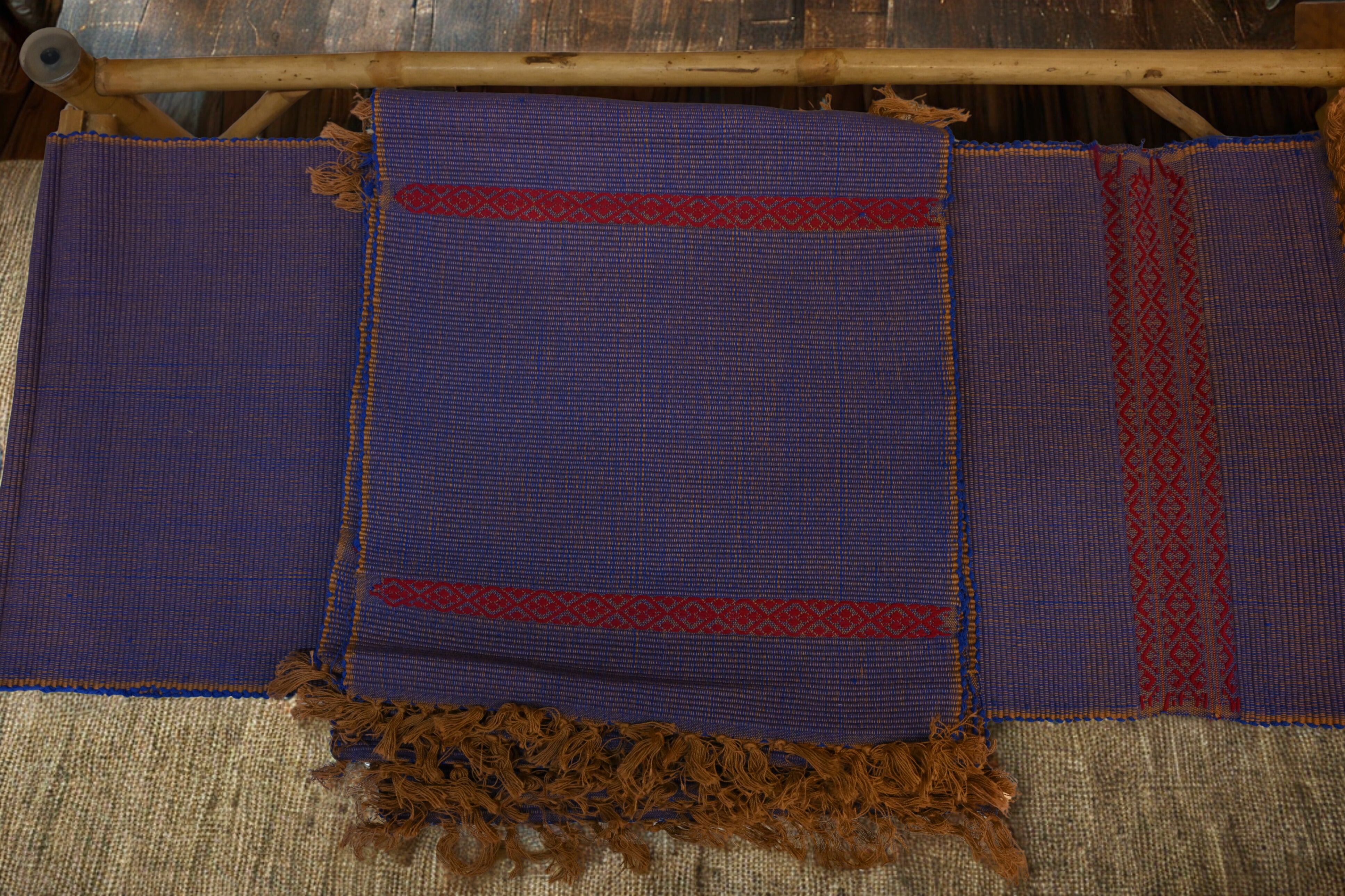 Handwoven Assamese Table Runner Set – Purple with Red Border Motifs with 6 Mats