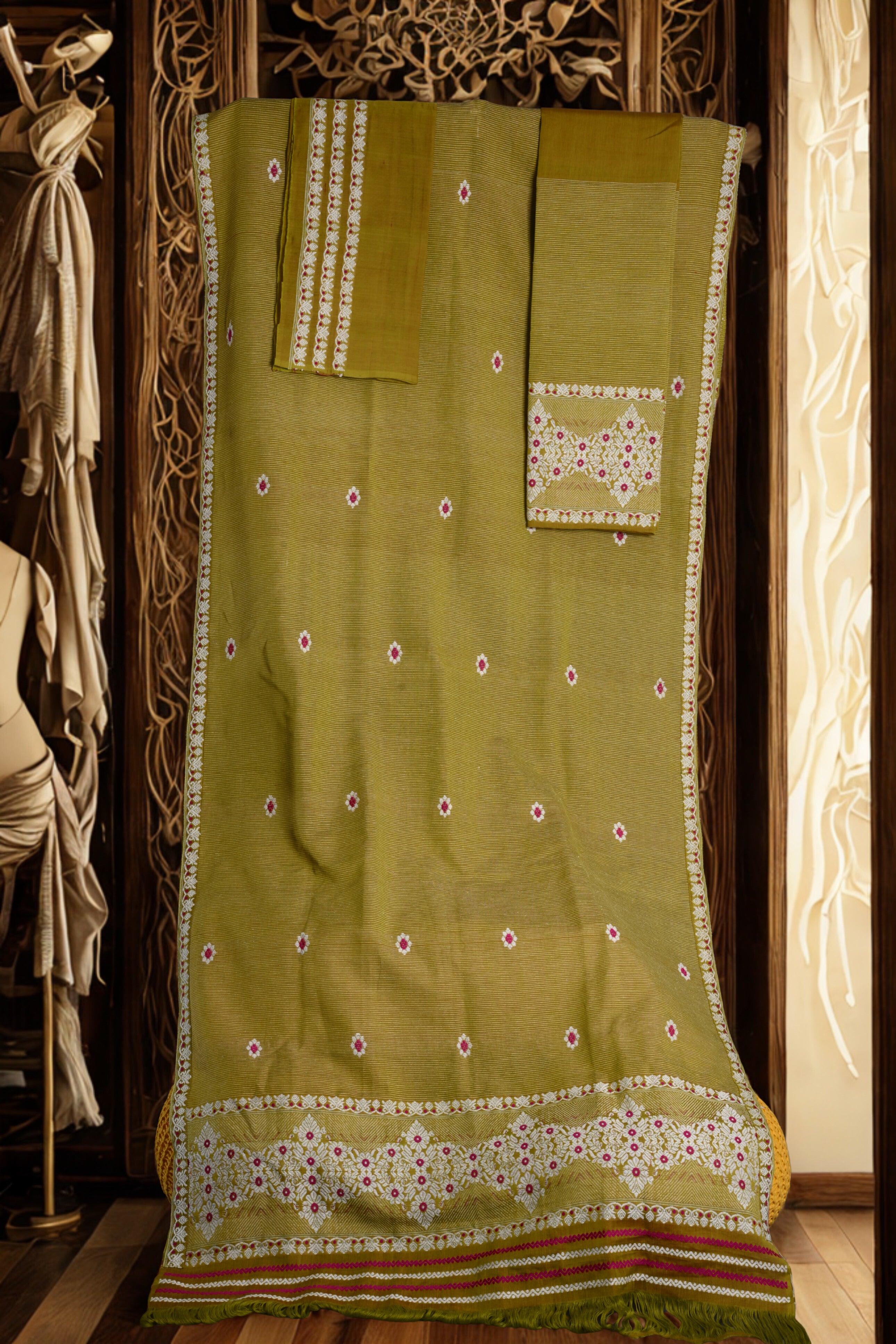 Olive Green Cotton Silk Mekhela Sador with White Striped Self-Design & Traditional Motifs