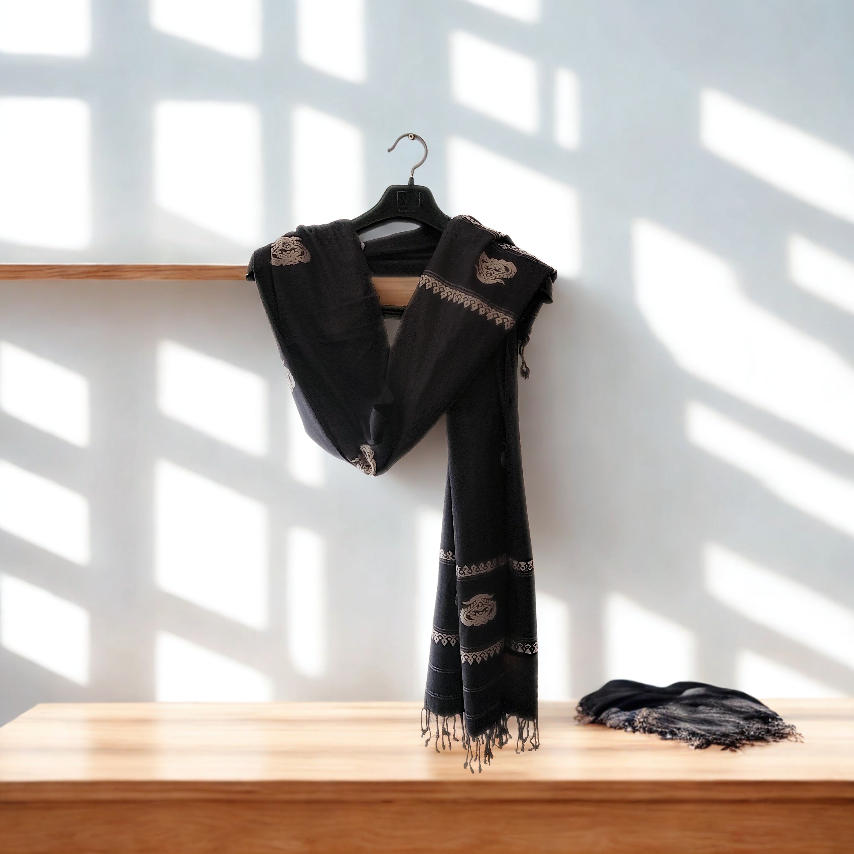 Black Eri Silk Stole with Assamese Motifs | Ahimsa Silk