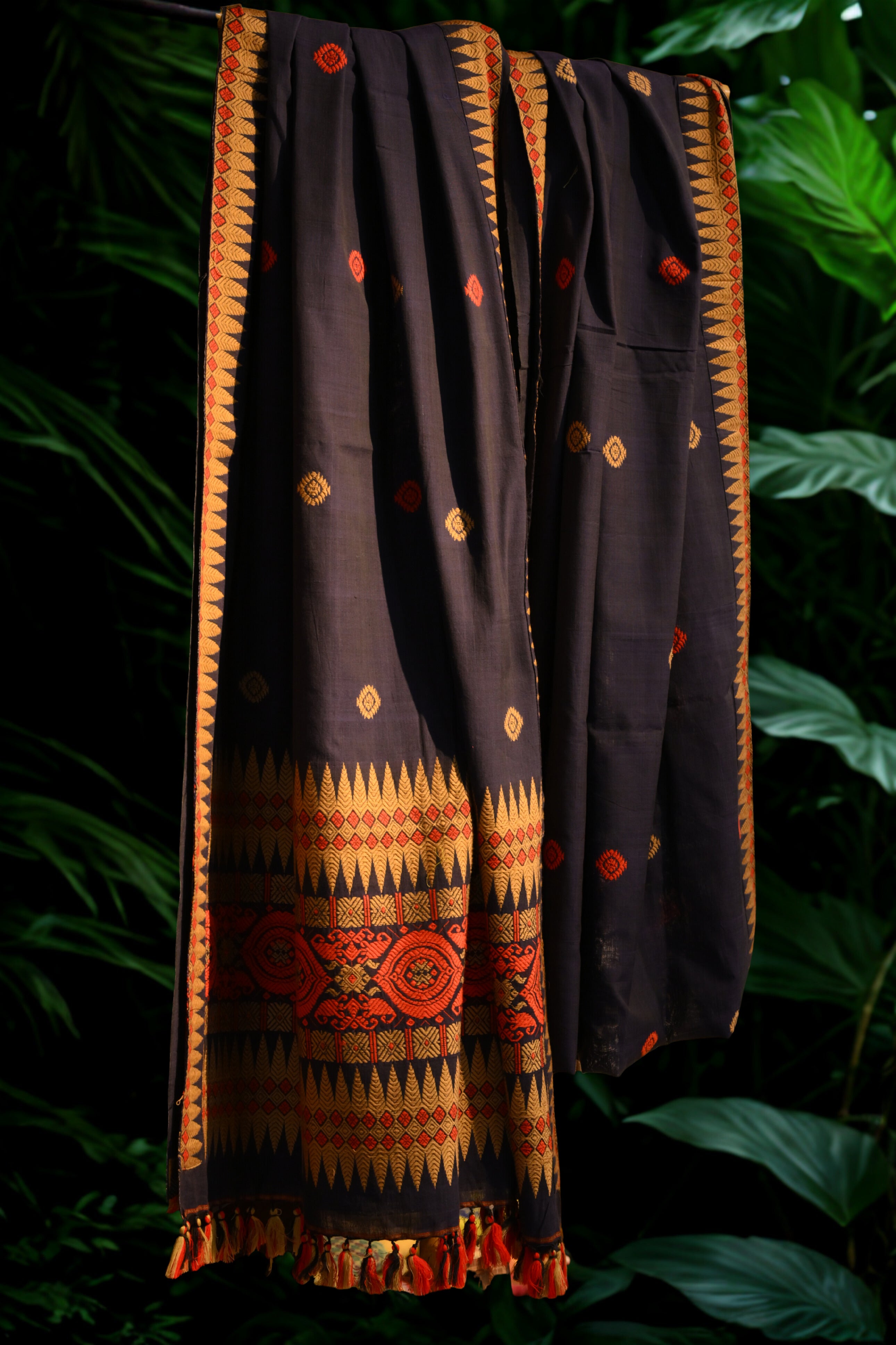 Navy Blue Handwoven Cotton Saree with Orange- Brown Motifs