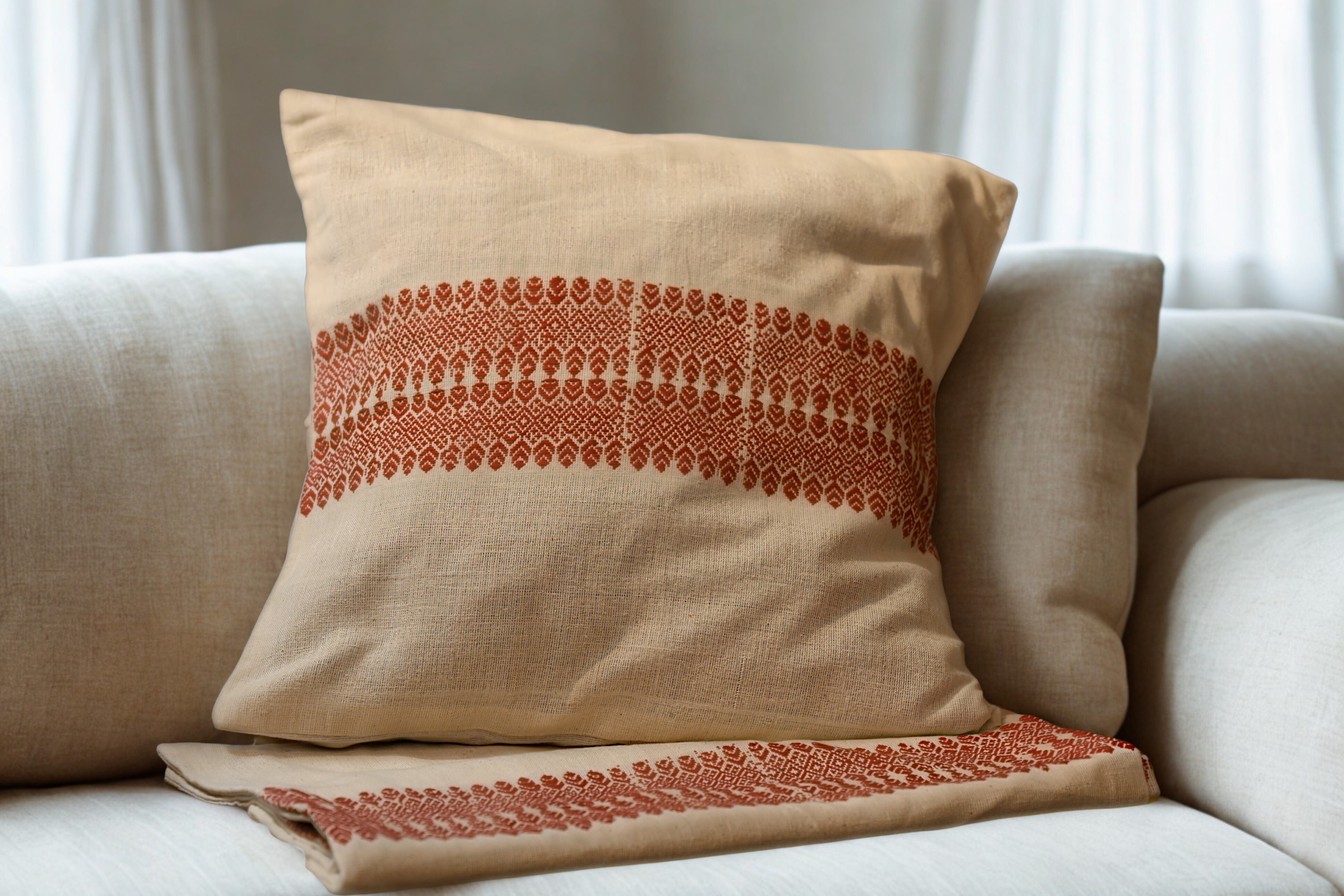 Handwoven Cotton Cushion Cover with Red Terracotta Motifs