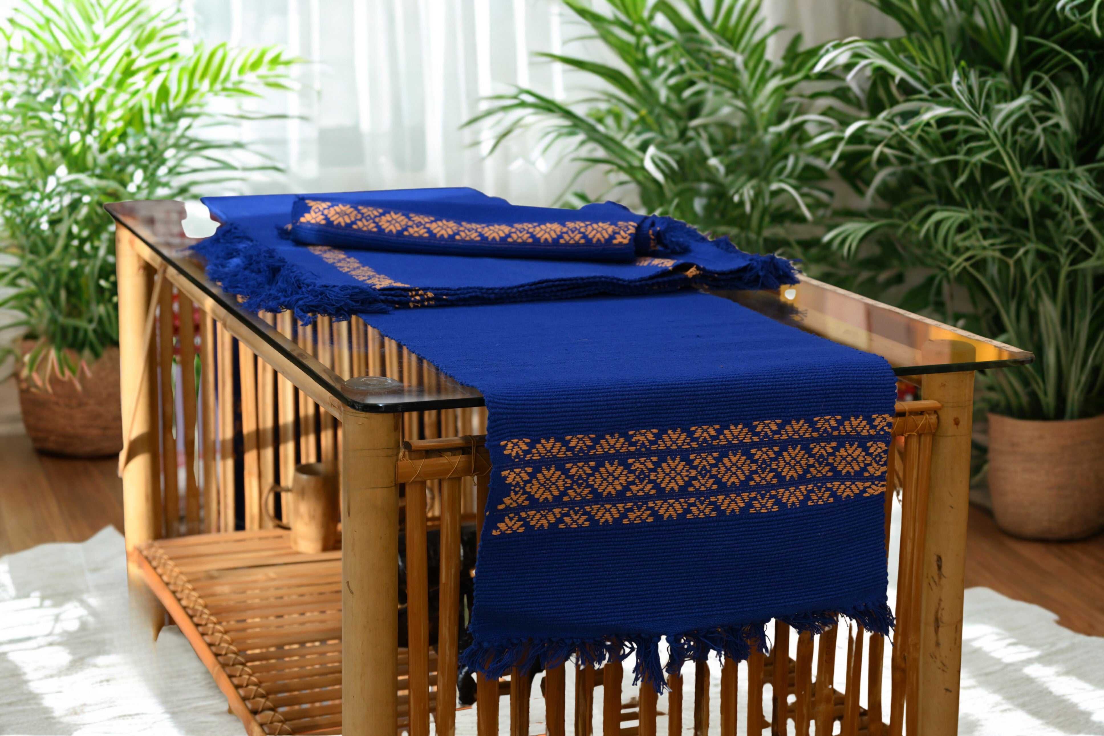 Handwoven Assamese Table Runner Set – Royal Blue with Mustard Motifs with 6 mats