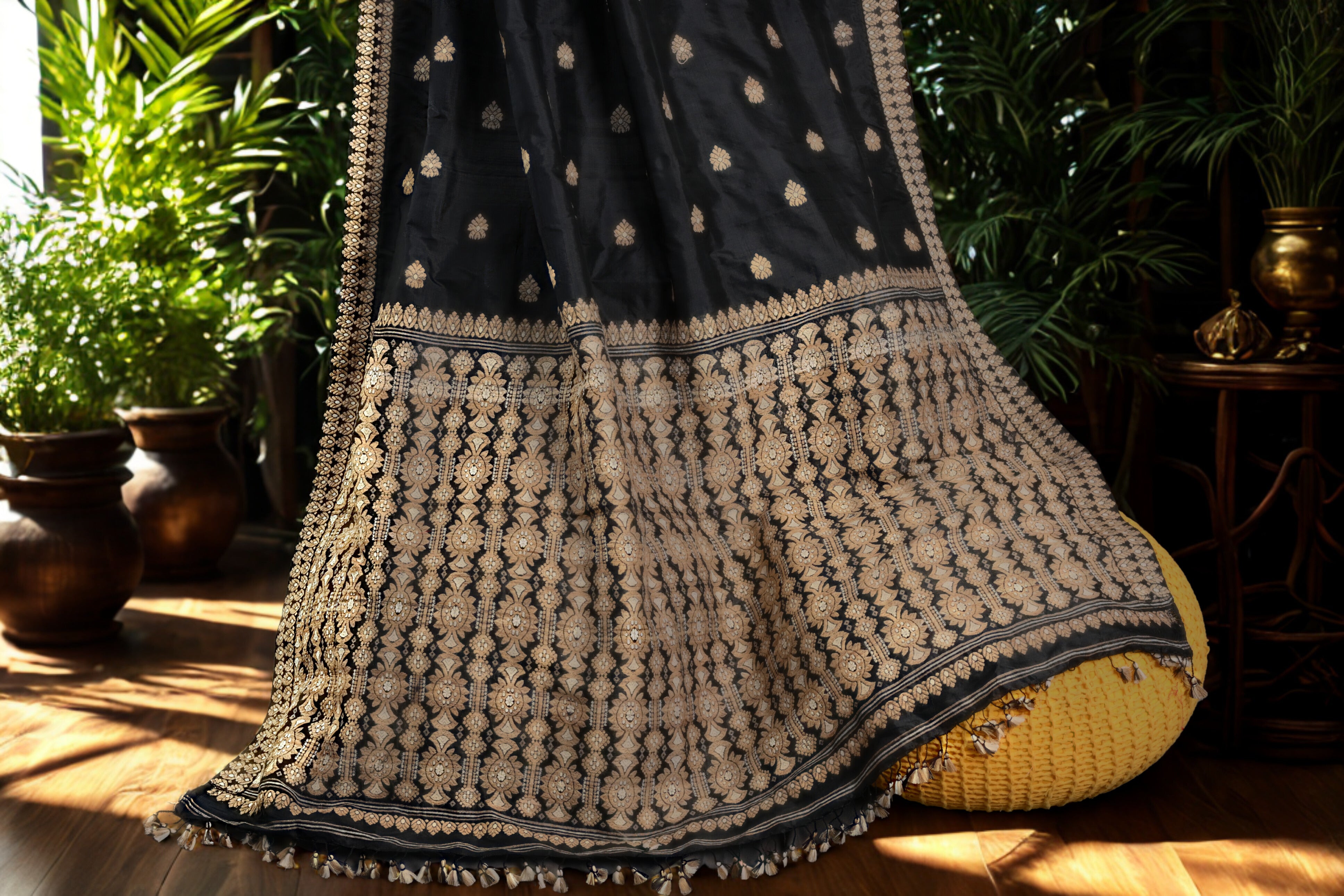 Black Pure Eri Silk Saree with Handwoven Eri Motifs