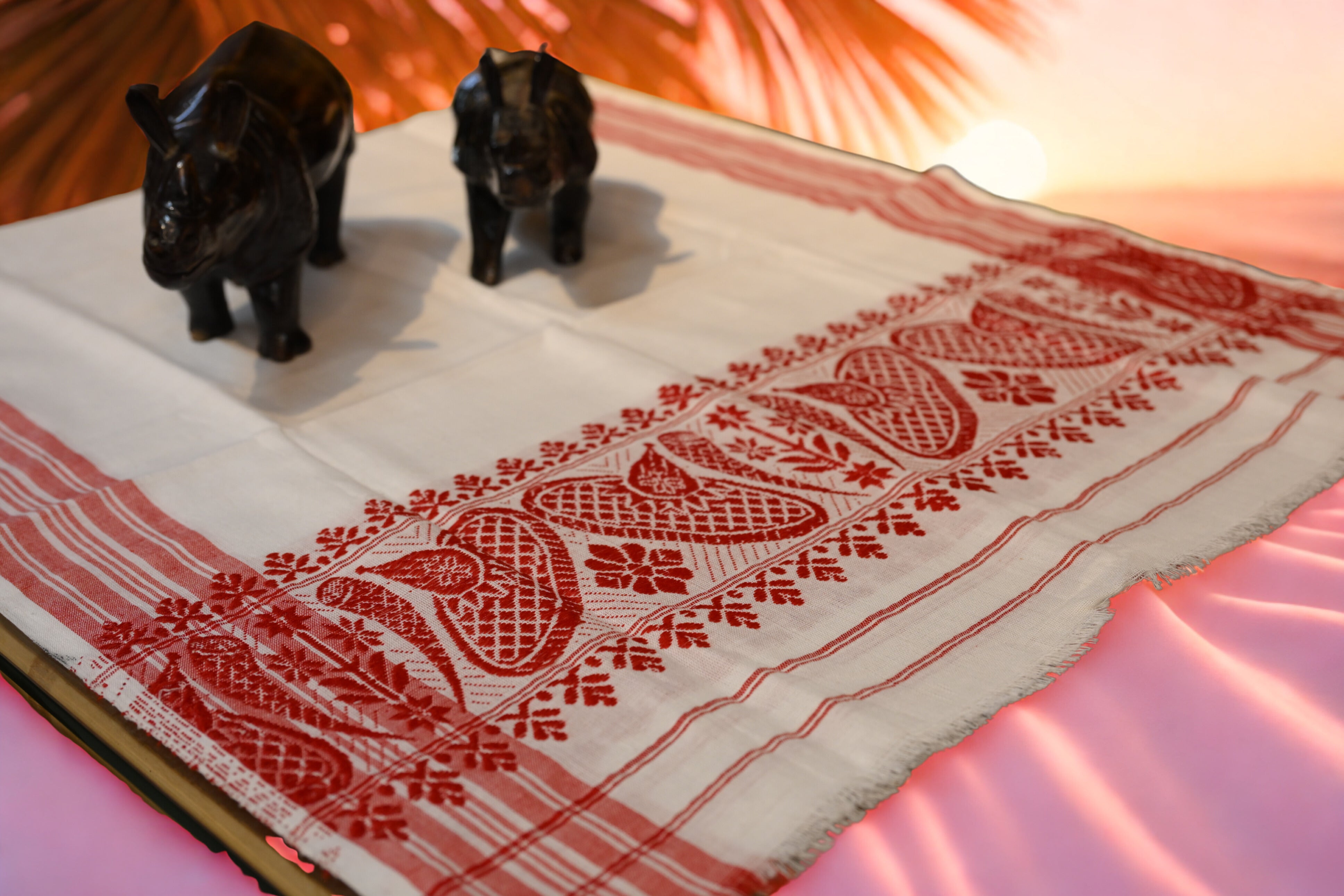 Traditional Handwoven Assamese Gamusa- with Japi motif