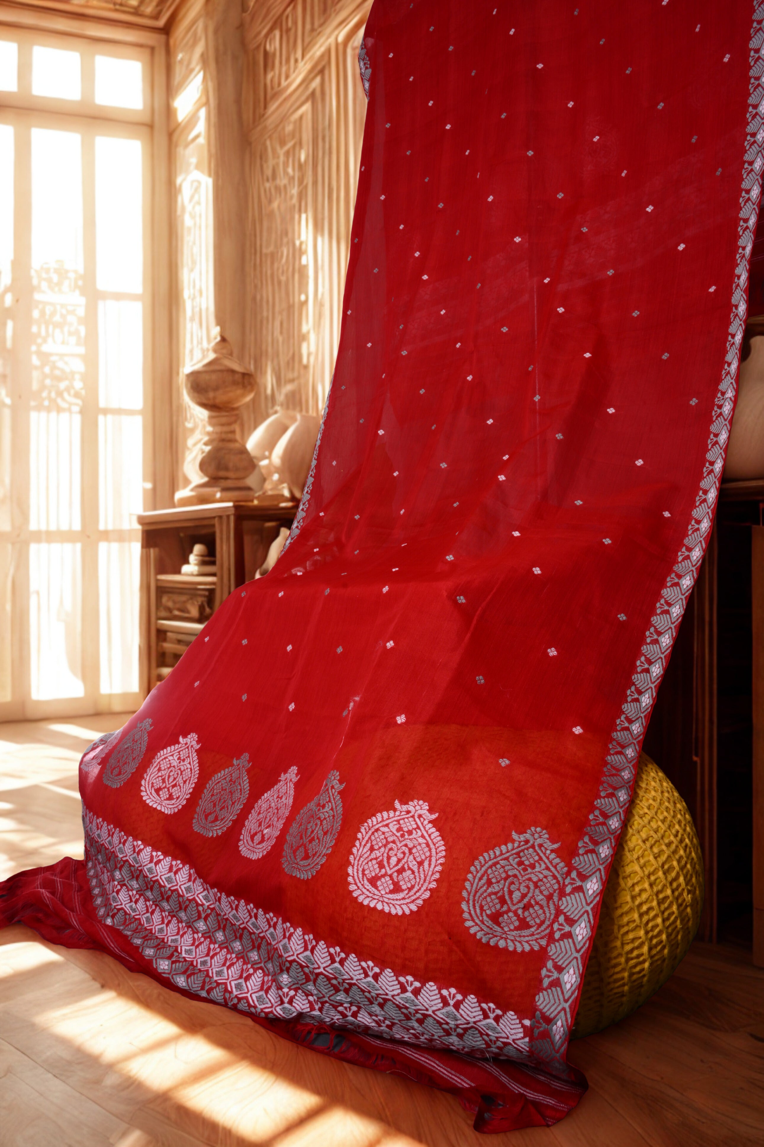 Red Elegant Handwoven Raw Cotton Mekhela Sador