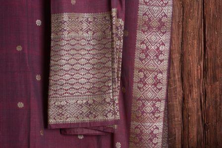 Onion Pink Assamese Eri Silk Mekhela Sador with Silver Floral Motifs & Geometric Borders
