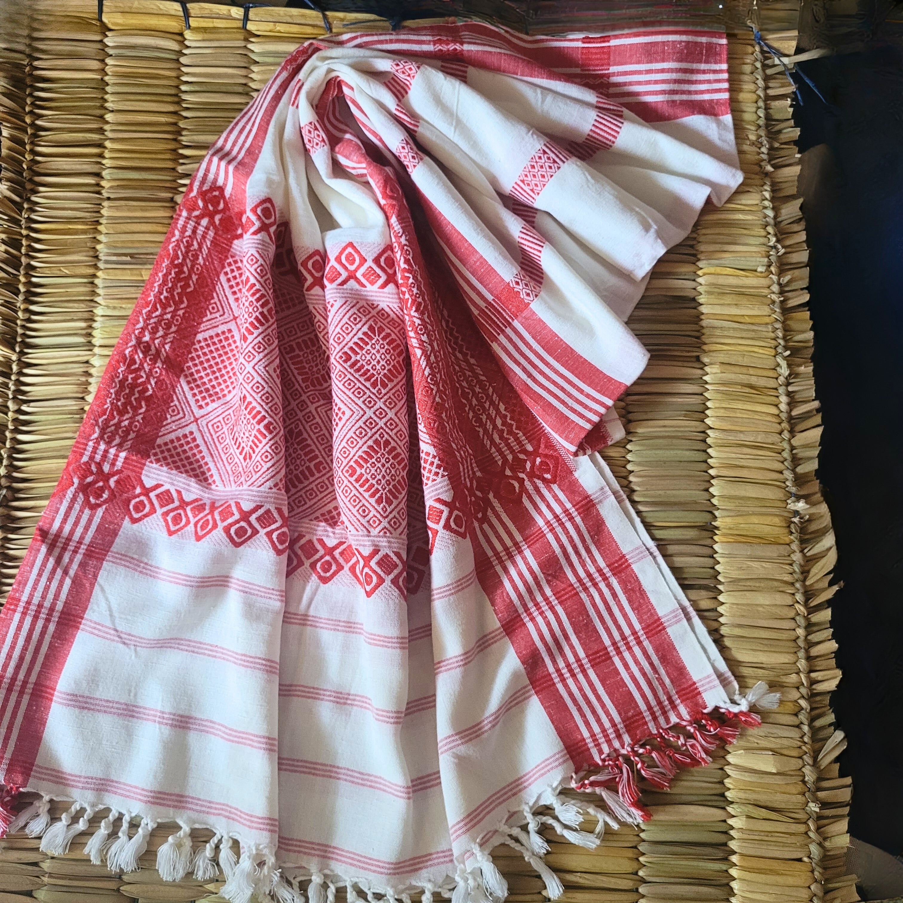 Assamese Eri Gamusa in Red Ethnic Motifs | Handwoven Heritage of Assam