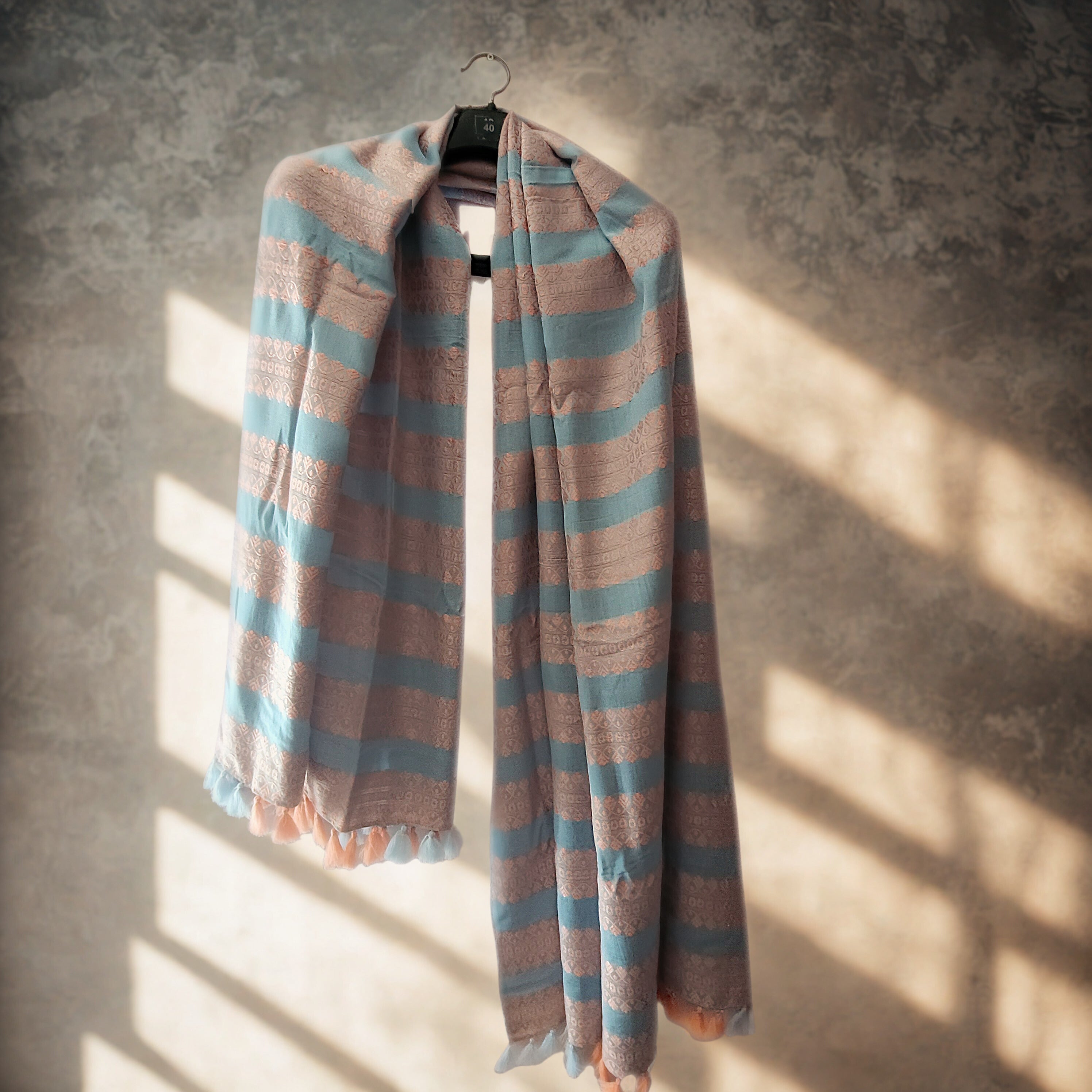 Sky Blue Eri Silk Shawl with Peach Assamese Motifs | Ahimsa Silk