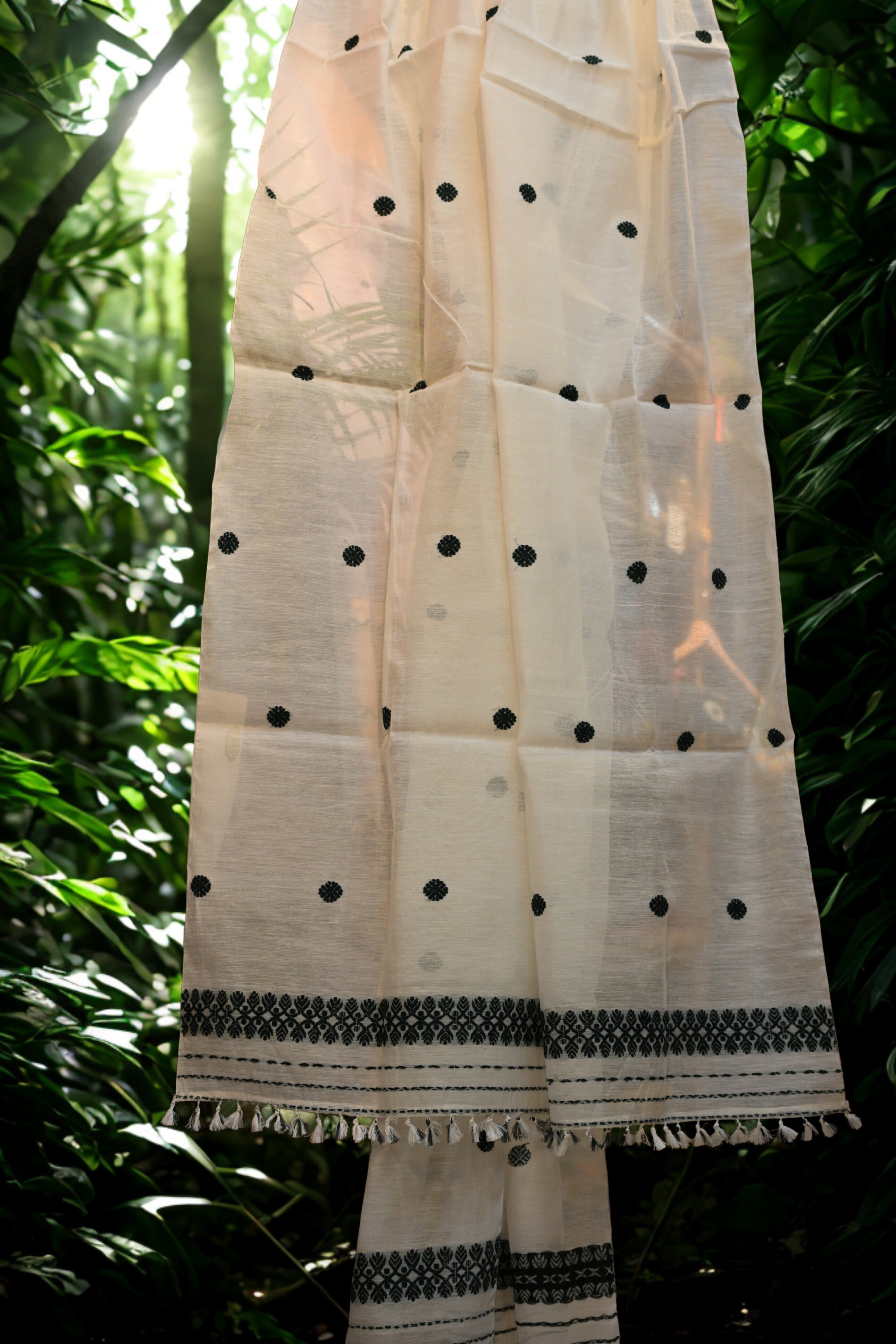 White Raw Mulberry Cotton Sador- with black motifs