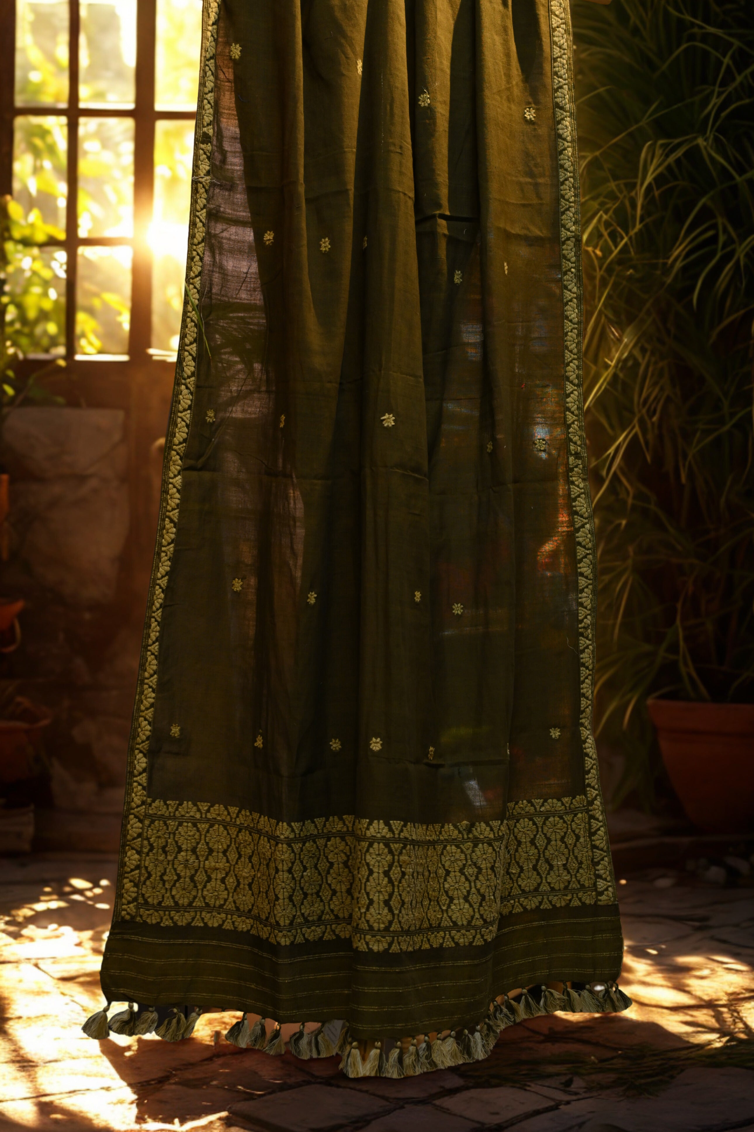 Olive green raw Mulberry Cotton Sador- with gheecha motifs