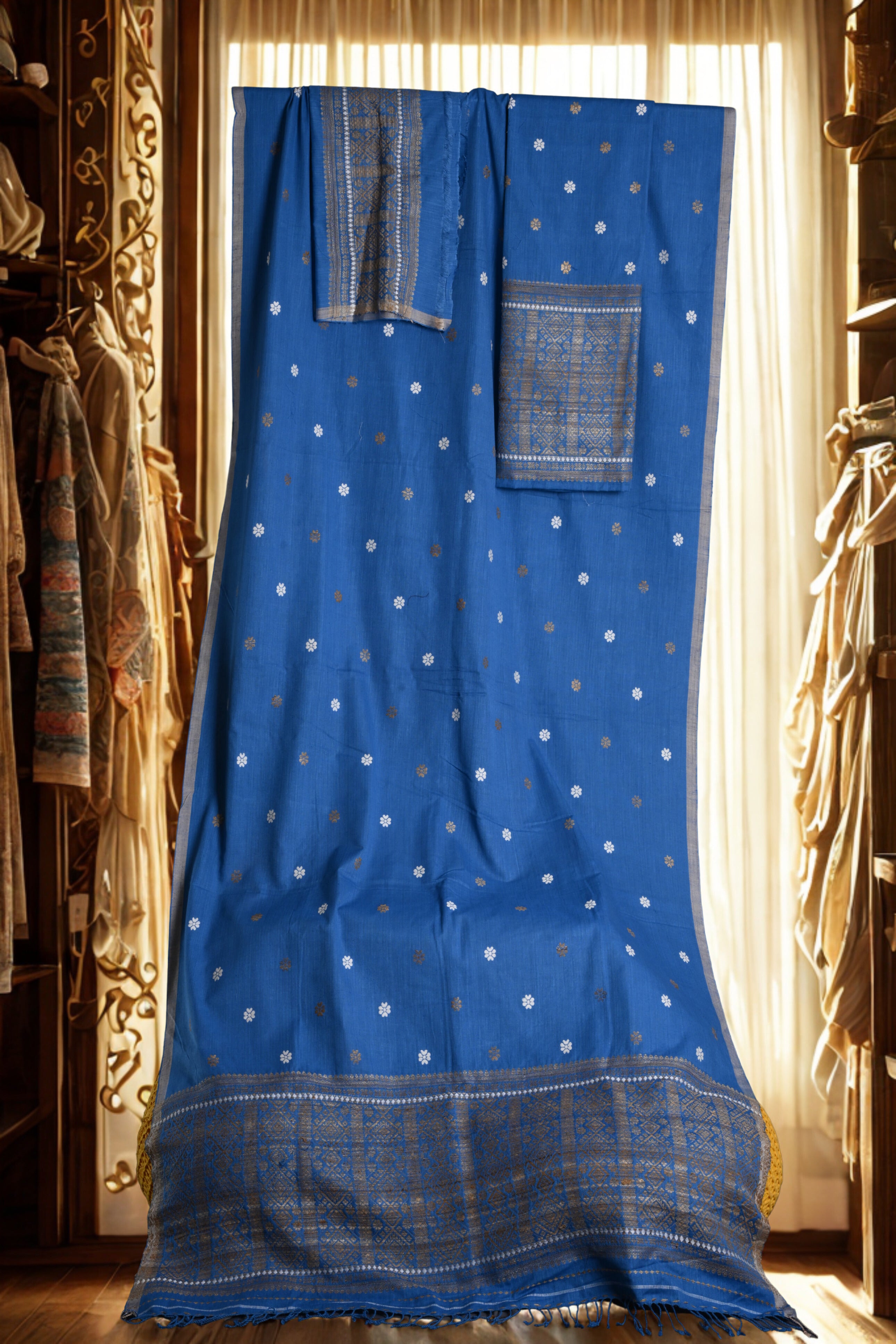 Vibrant blue Assamese Eri Silk Mekhela Sador