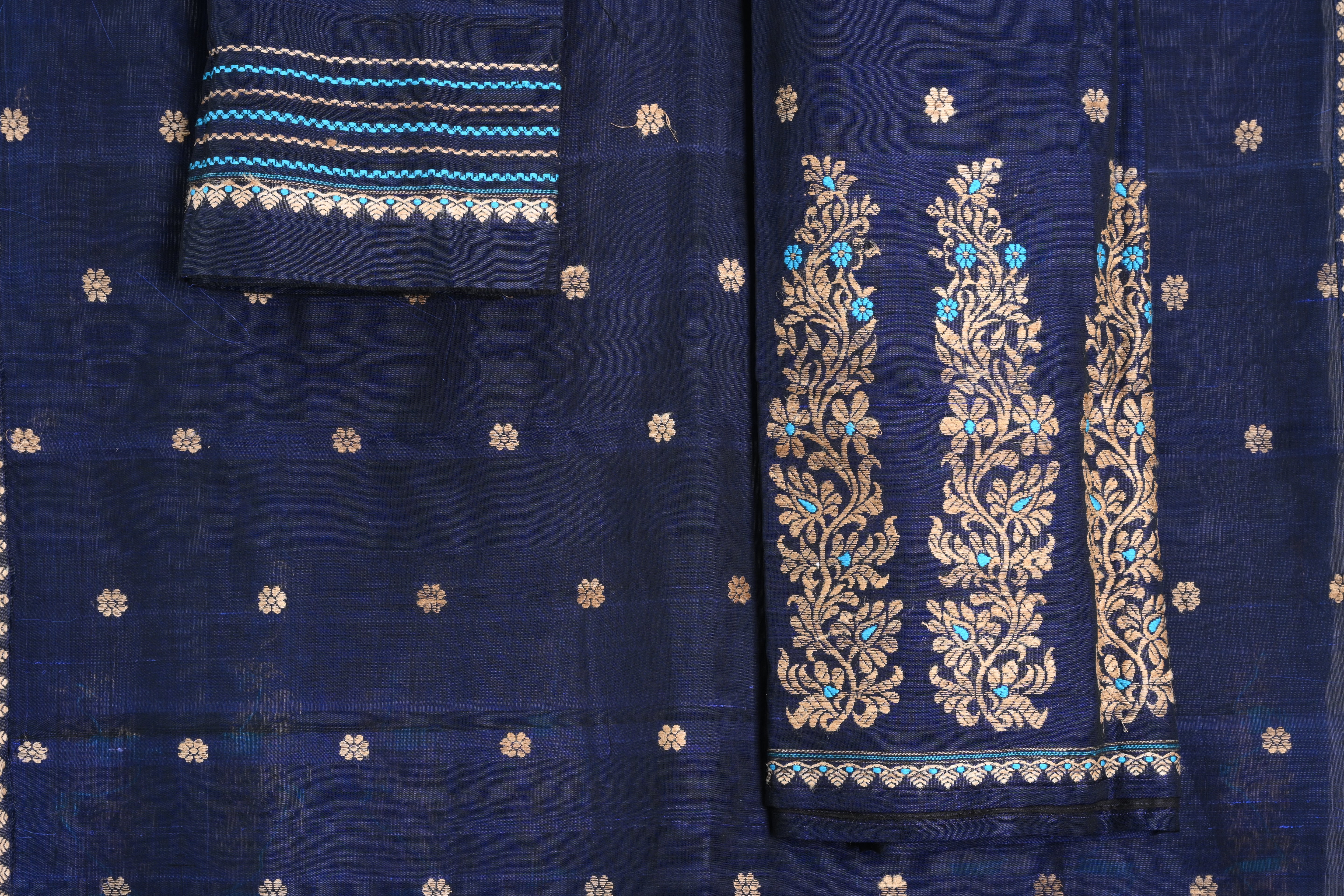 Navy Blue Raw Cotton Mekhela Sador with Muga Ghecha Thread Motifs