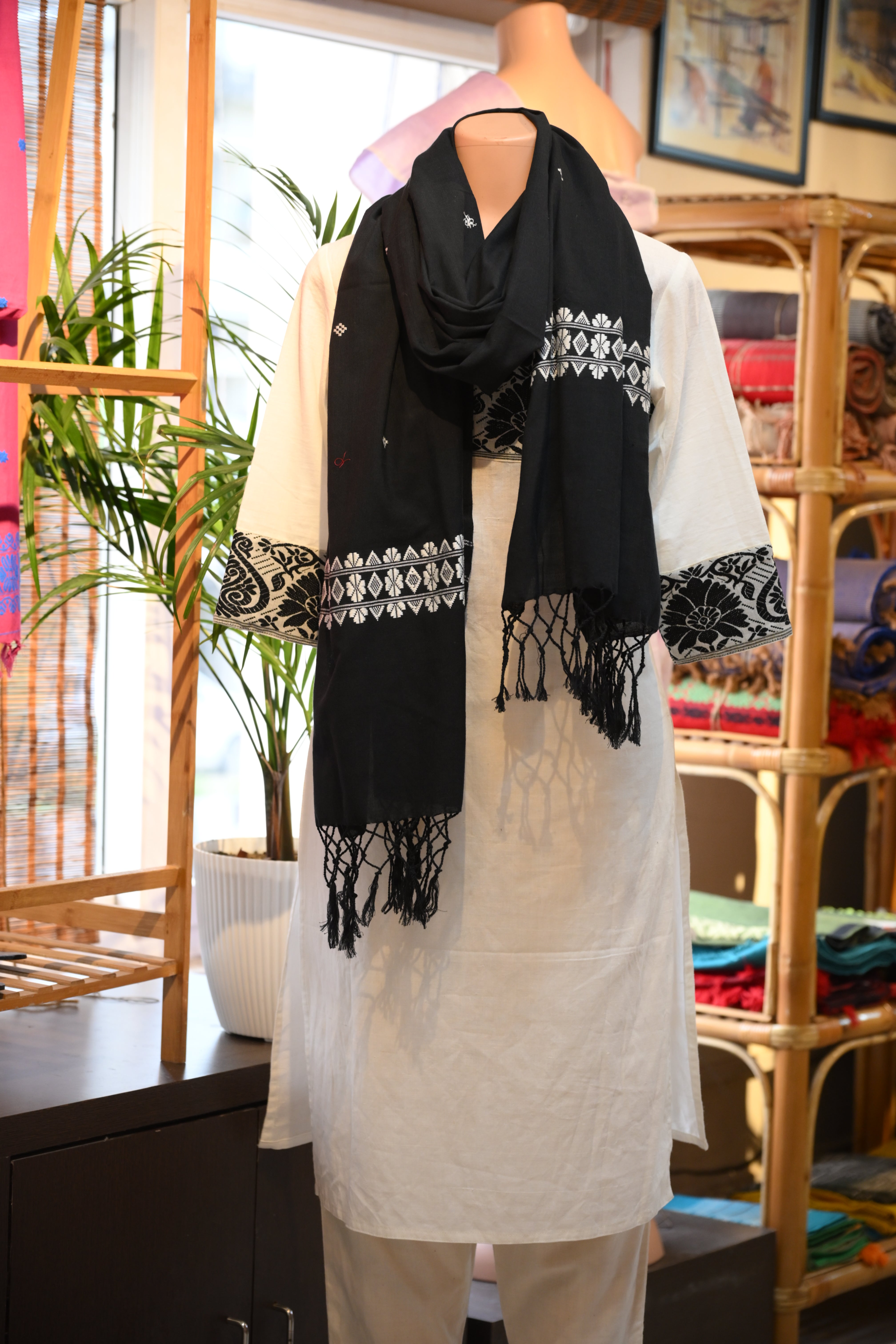 Handwoven Black Cotton Stole with White Motifs
