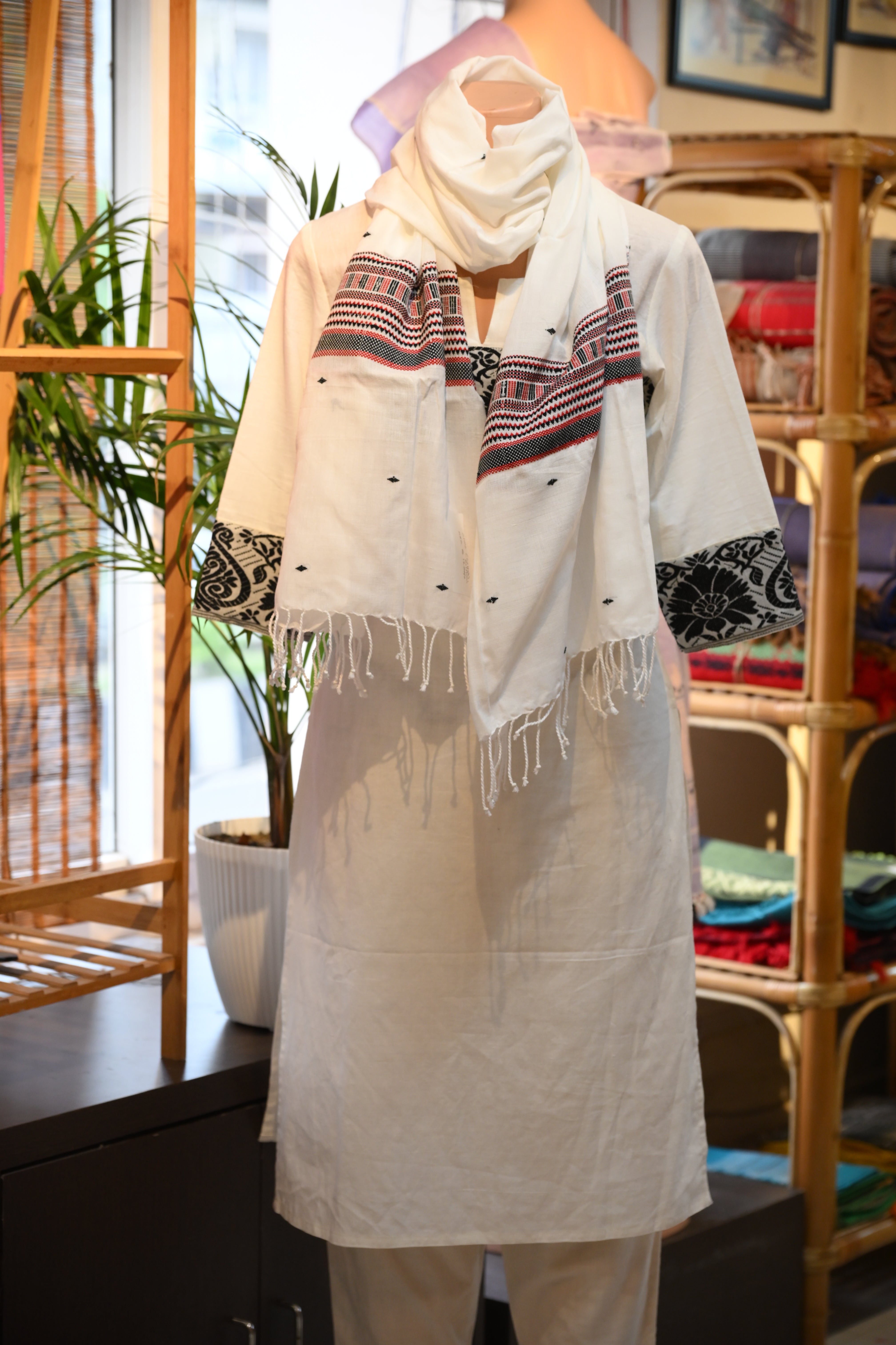 Handwoven White Cotton Stole with Black and red Motifs