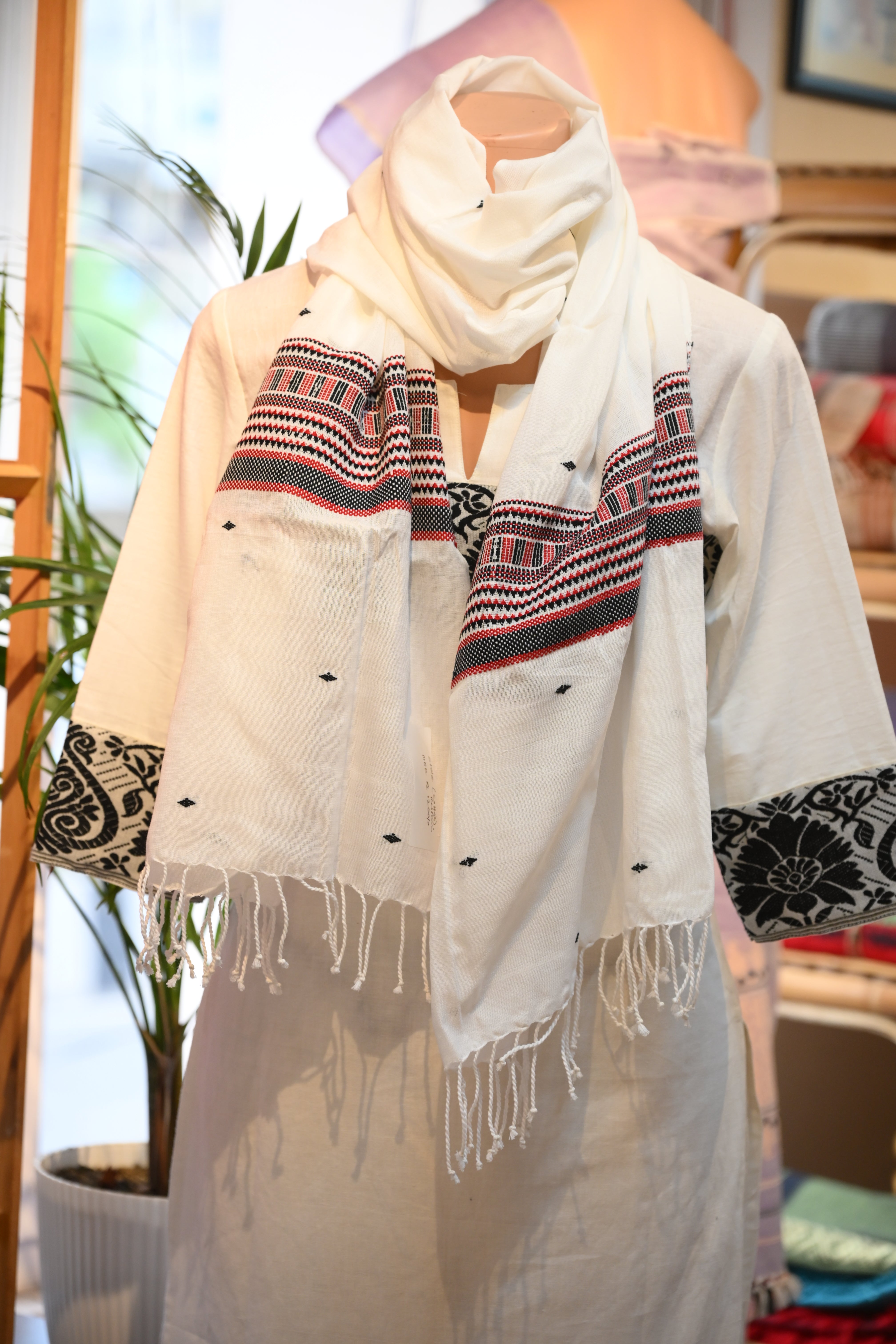 Handwoven White Cotton Stole with Black and red Motifs