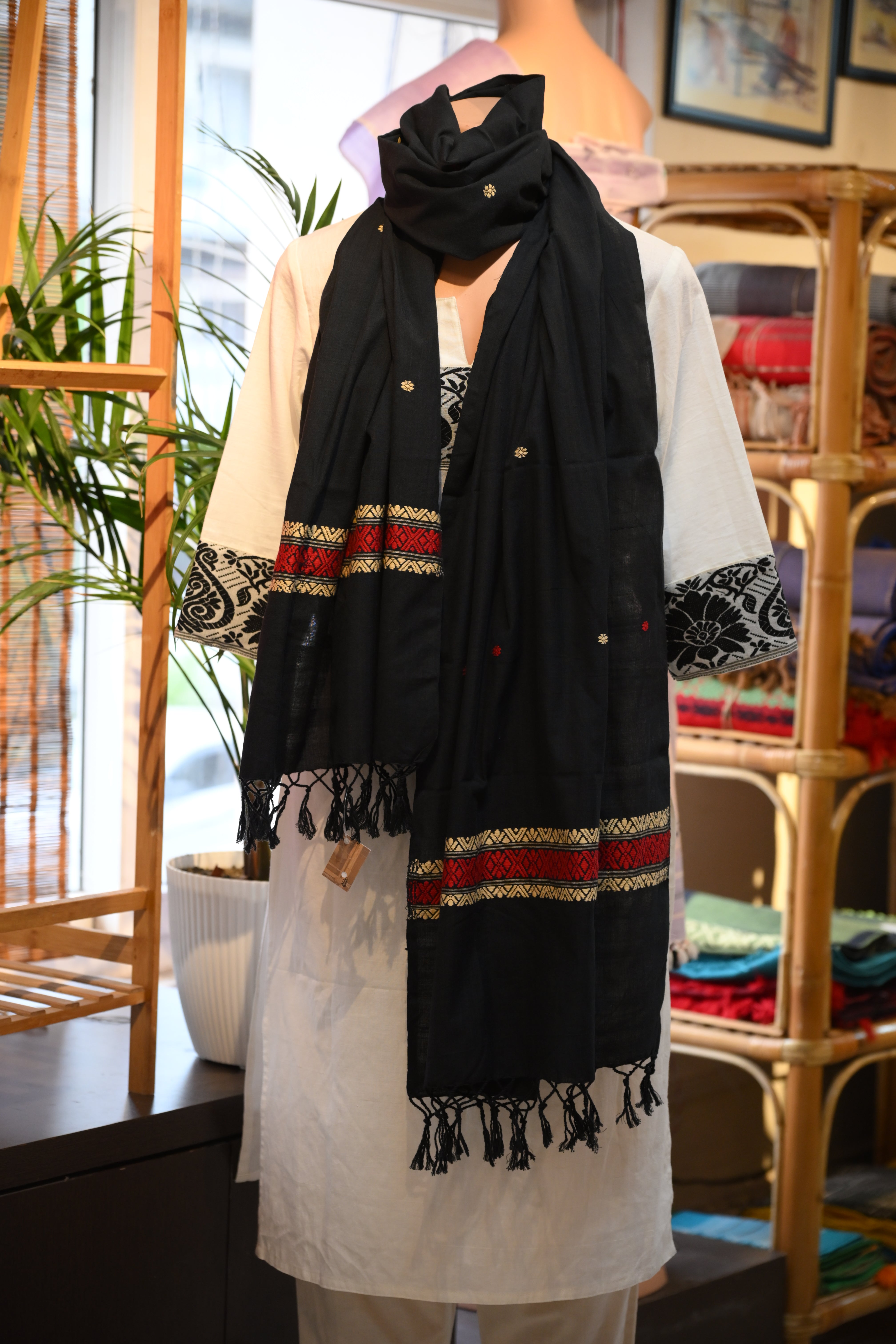 Handwoven Black Cotton Stole with White and Red Motifs