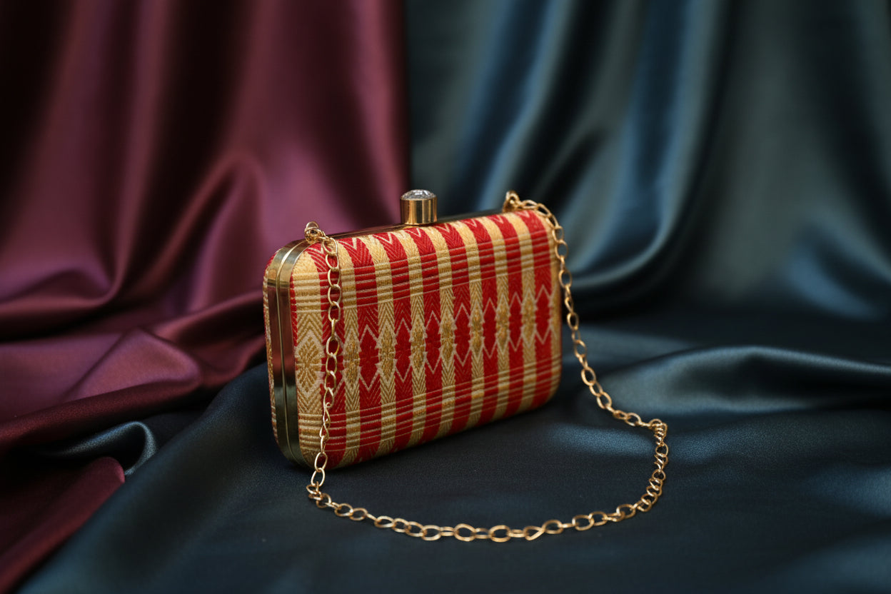 Red and gold striped clutch bag with a chain on a dark surface
