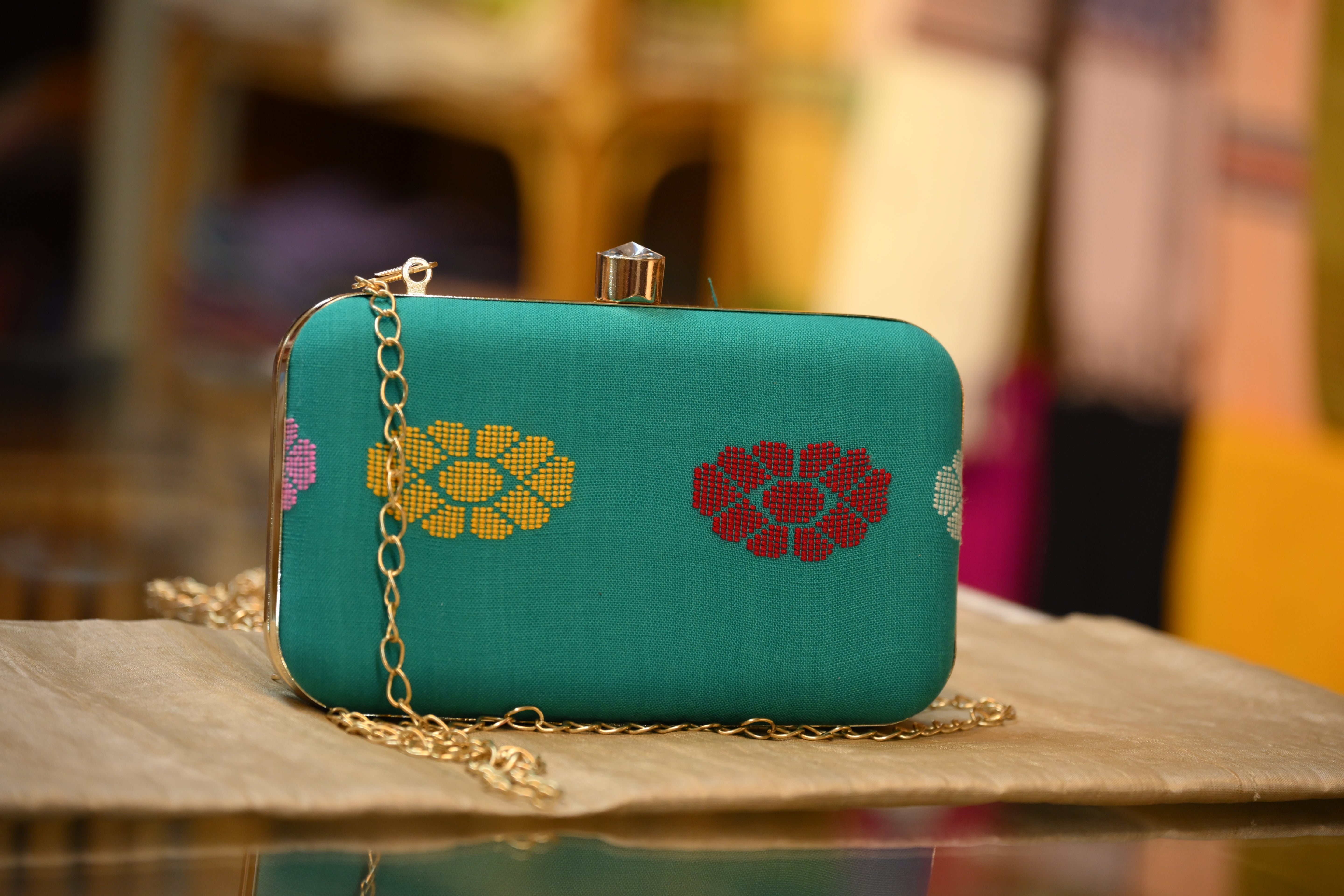 Clutch bag of handwoven fabric in Teal Green