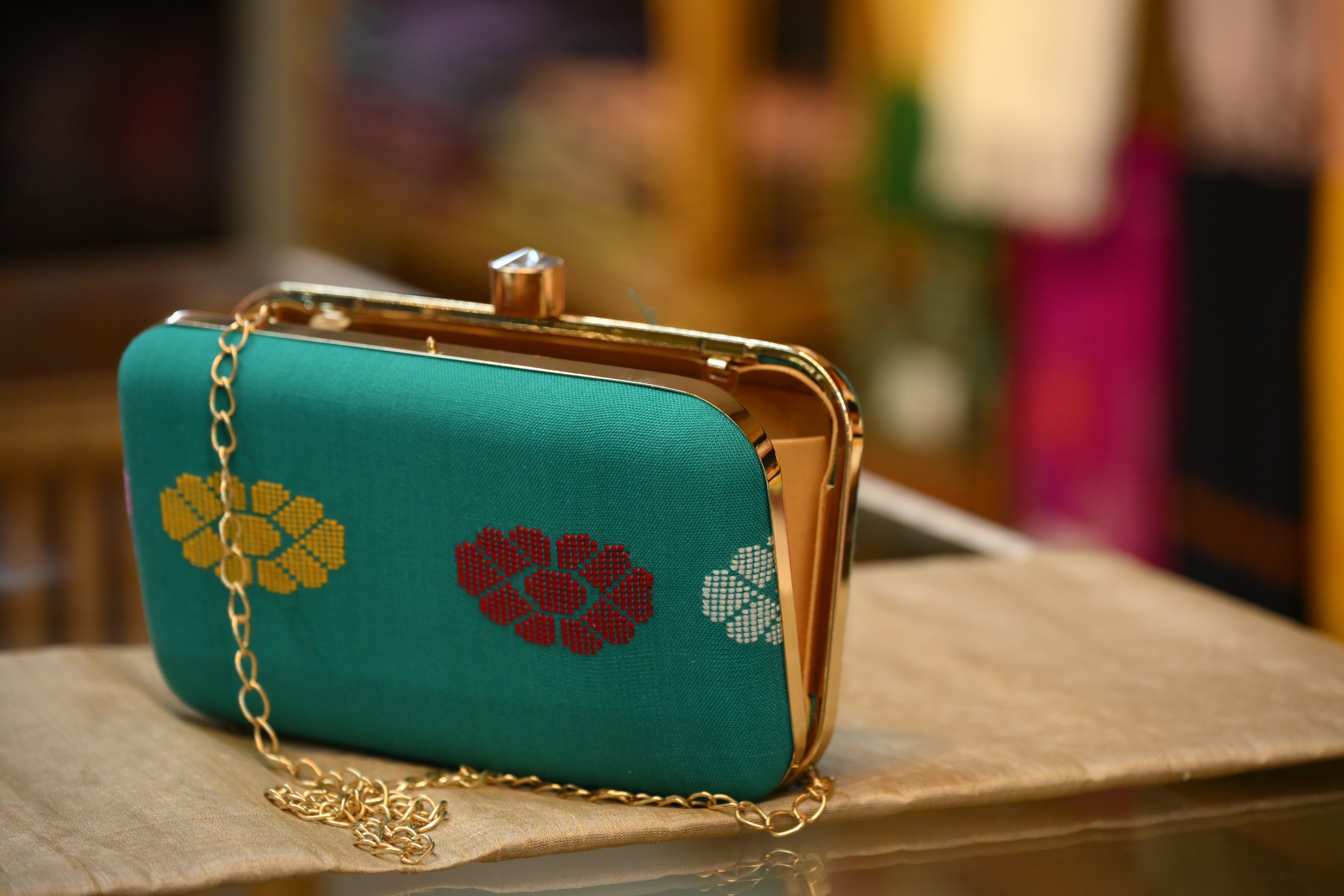 Clutch bag of handwoven fabric in Teal Green