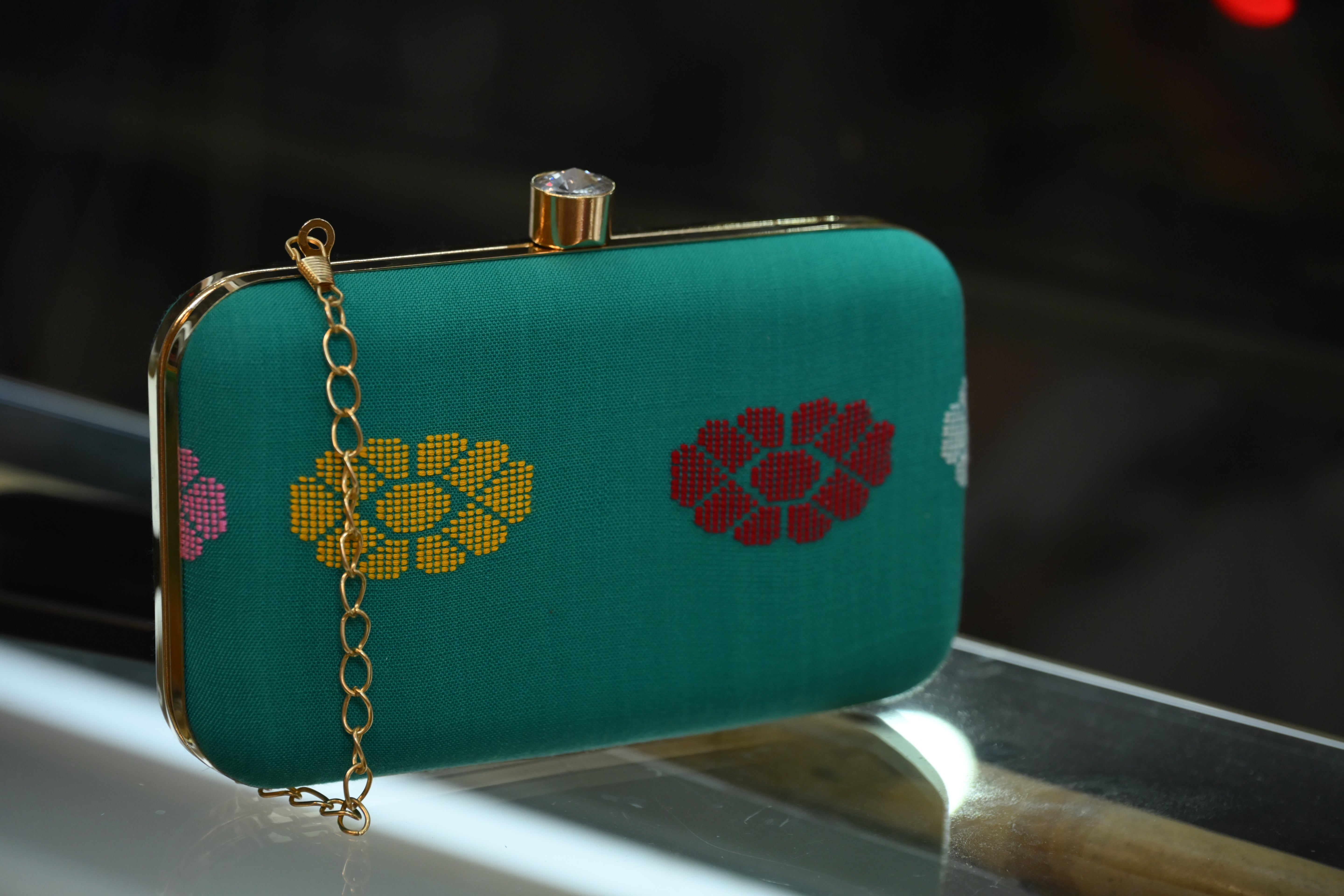 Clutch bag of handwoven fabric in Teal Green