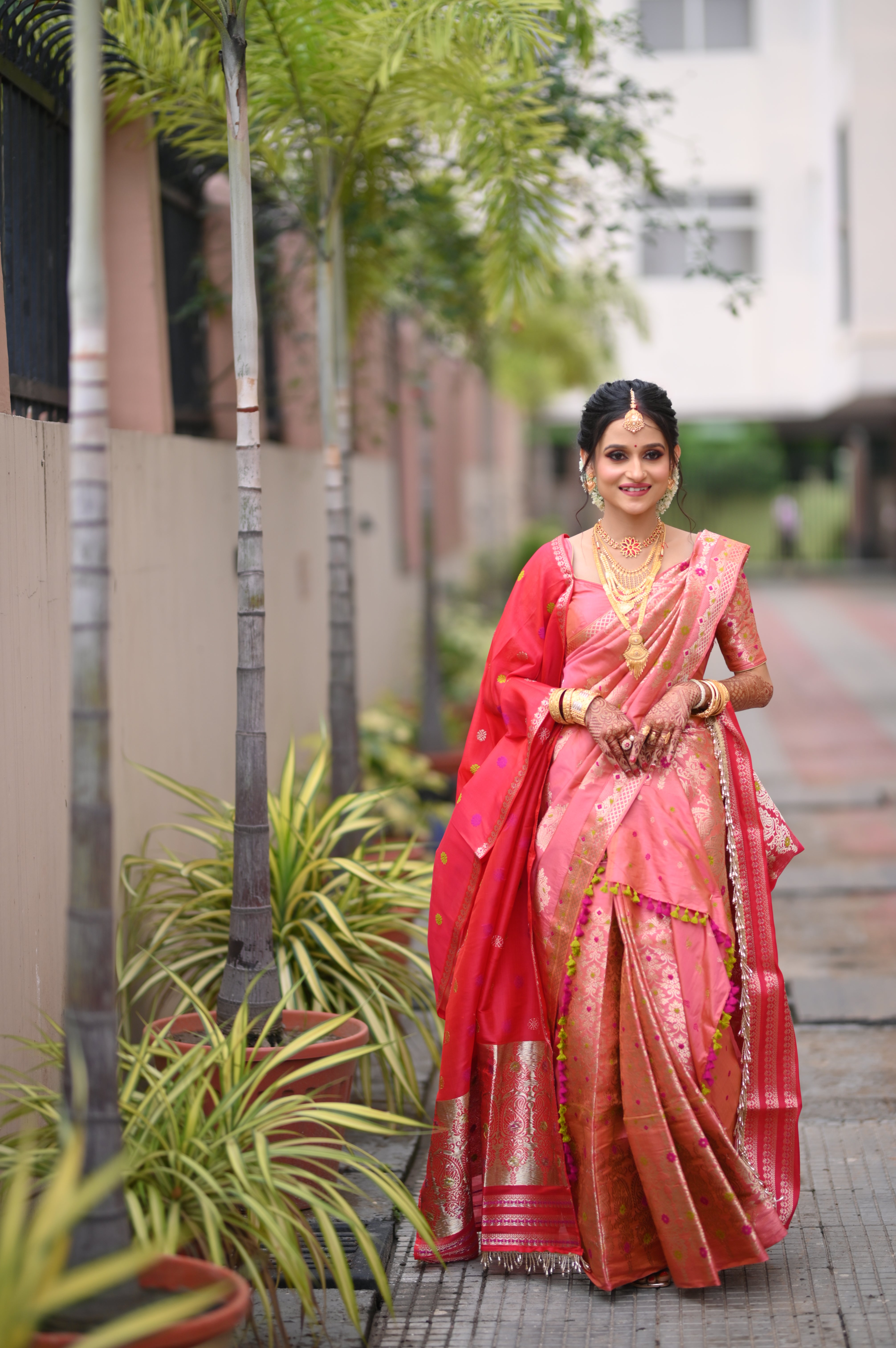 Peach Pink Pat Silk Bridal Mekhela Chador