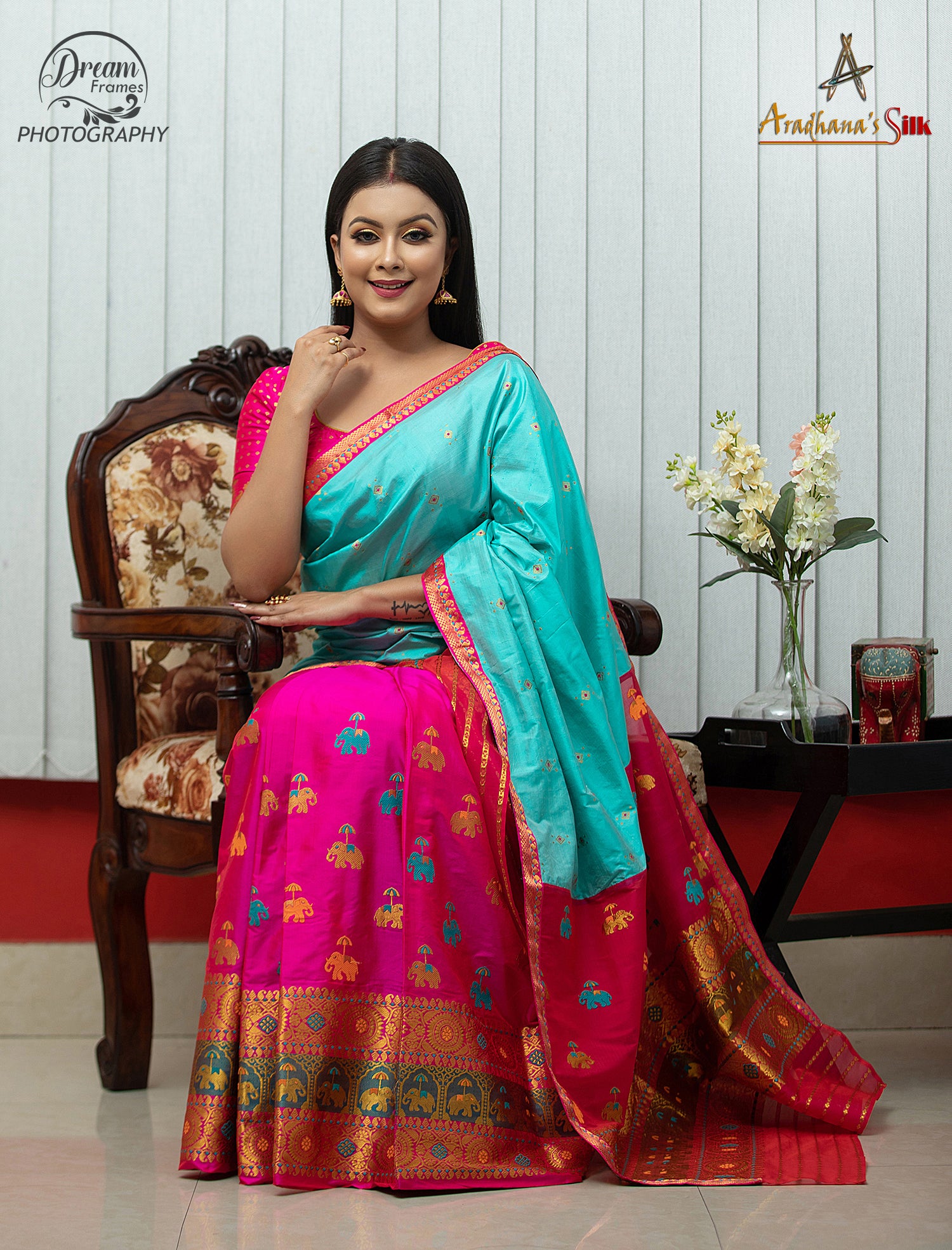 Turquoise & Rani Pink Pat Silk Mekhela Chador with Royal Elephant Motifs