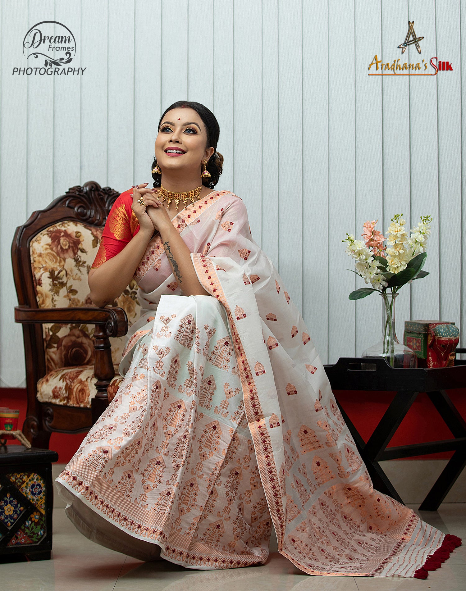 Pearl White Pat Silk Mekhela Chador with Copper-Toned Guna Motifs