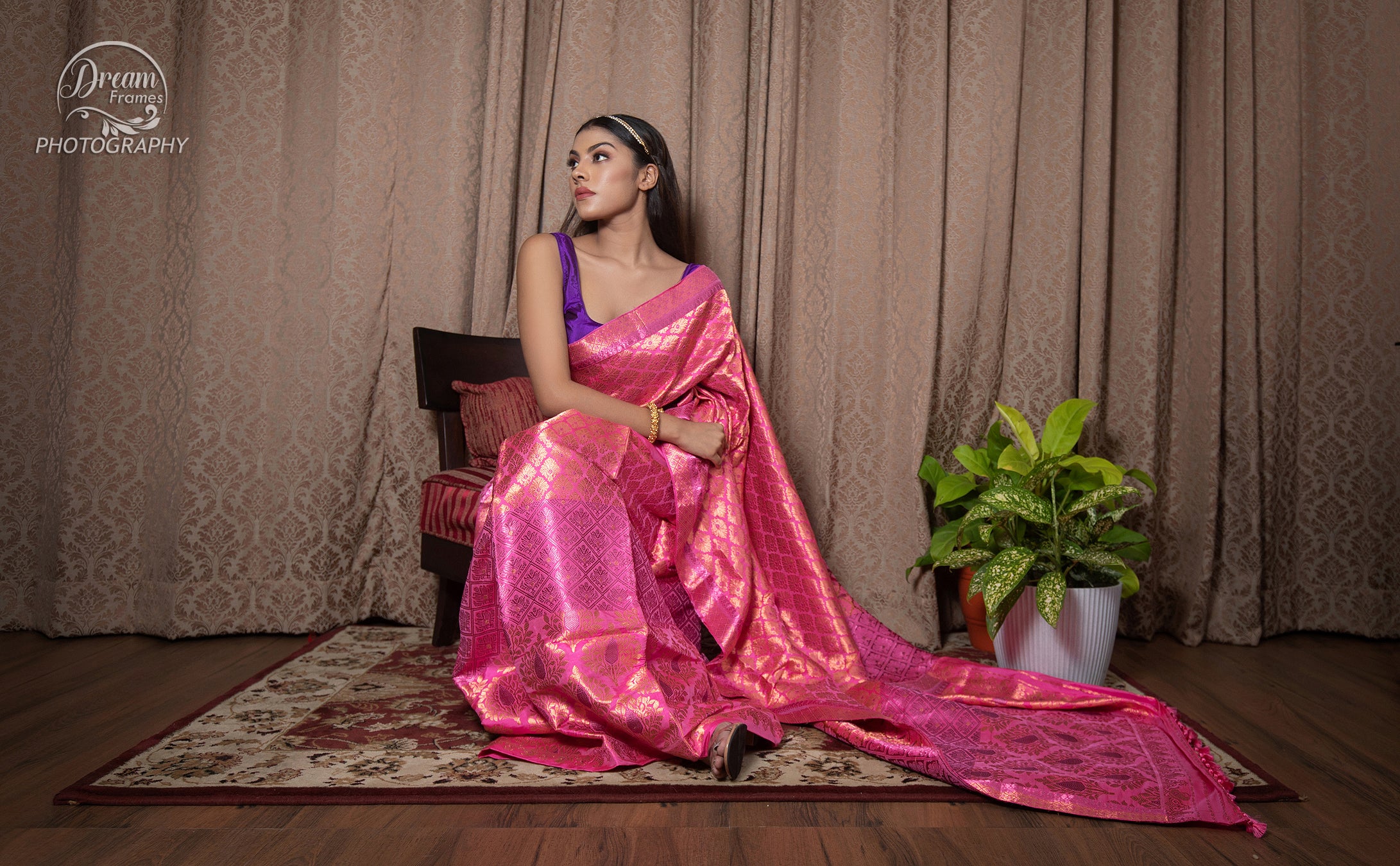 Hot Pink Pat Silk Mekhela Chador with Golden Diamond Motif Weaving